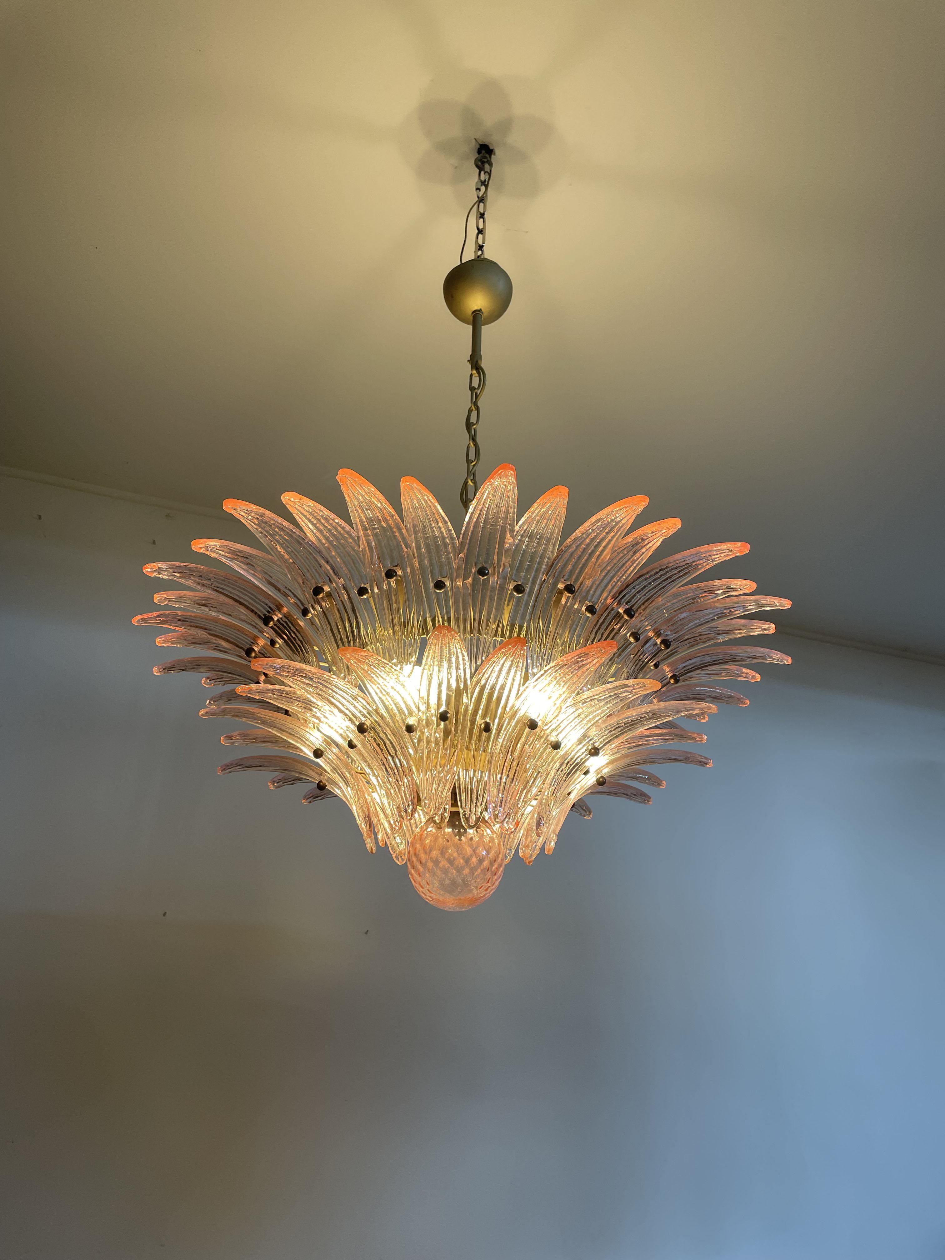 Metal Pair of Italian Chandeliers with Pink Leaves, Murano For Sale