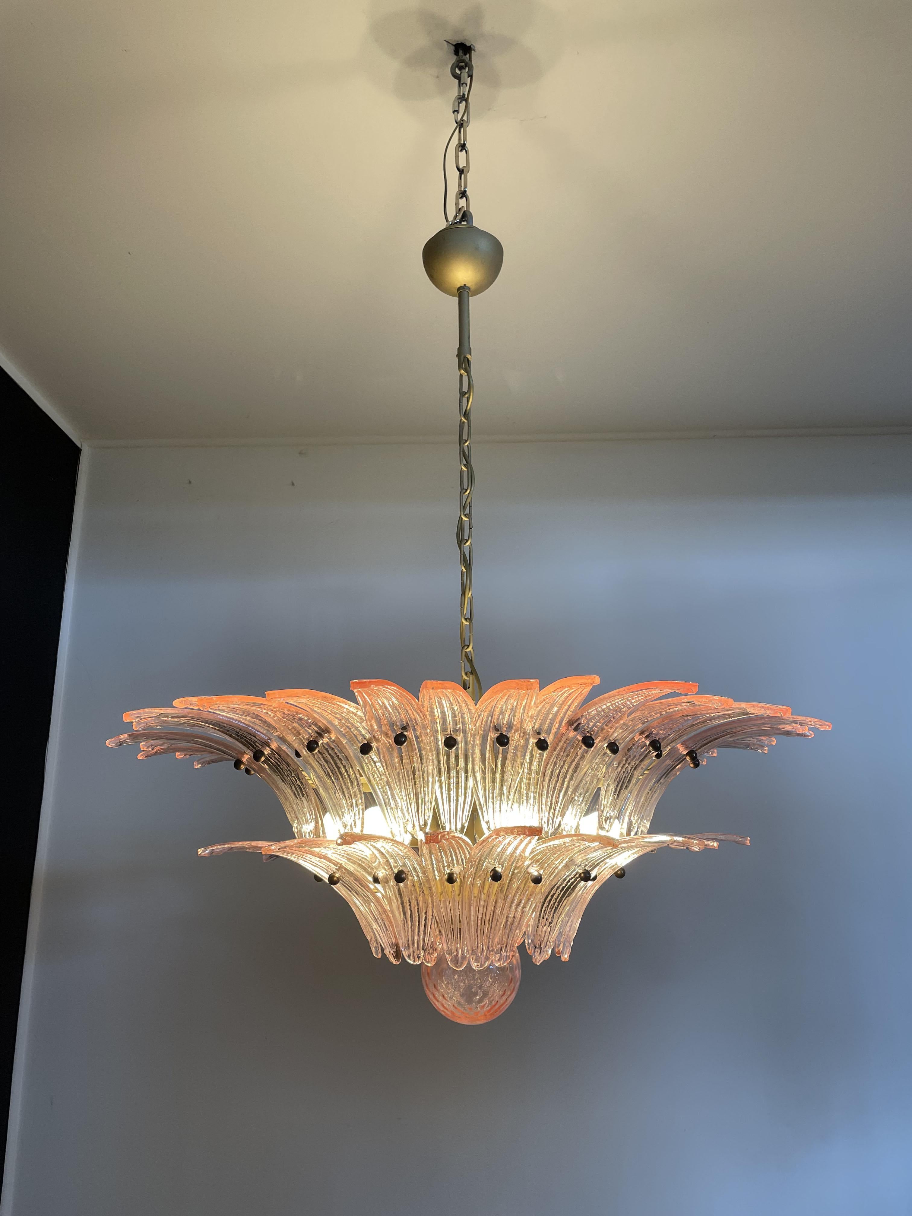 Pair of Italian Chandeliers with Pink Leaves, Murano For Sale 2