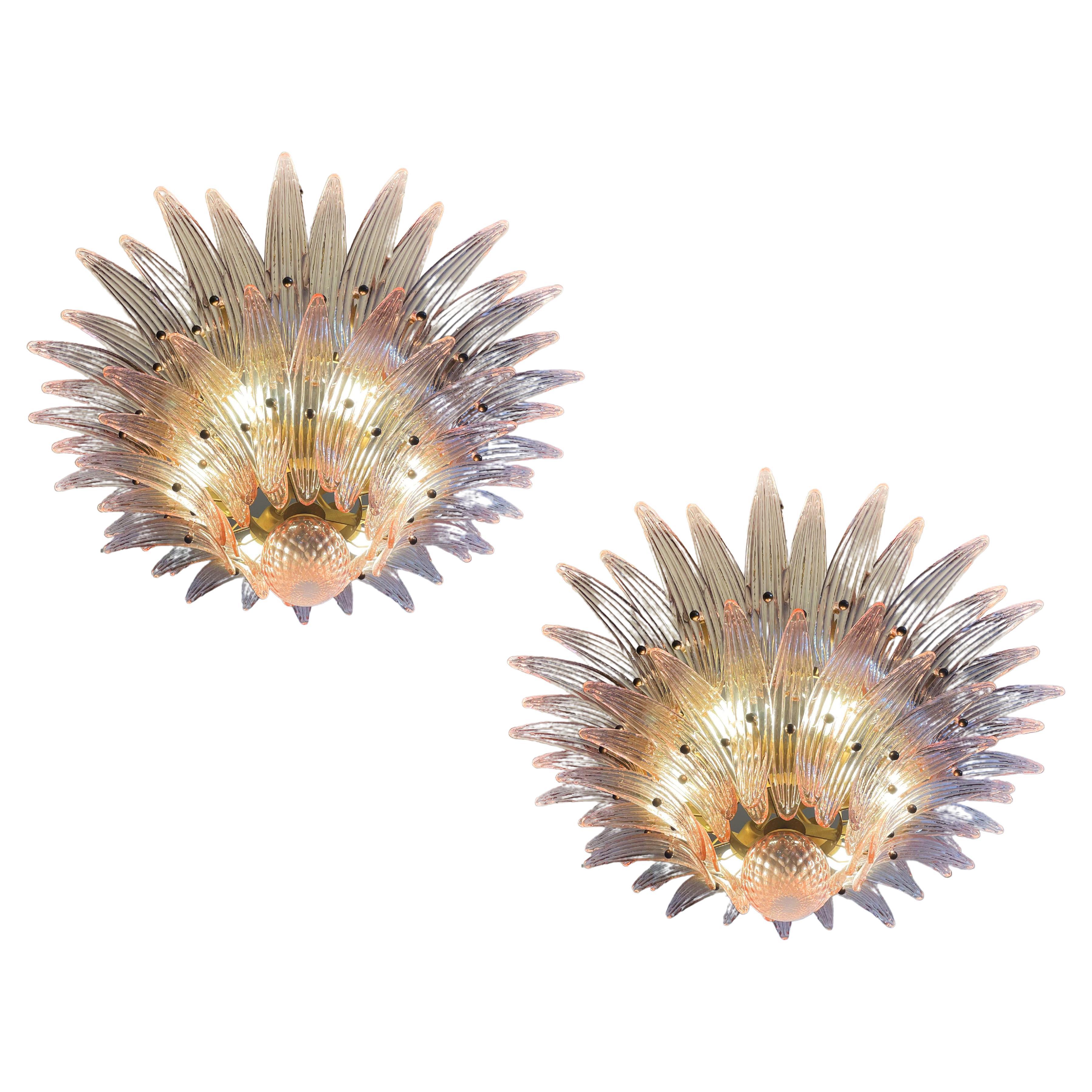 Pair of Italian Chandeliers with Pink Leaves, Murano For Sale