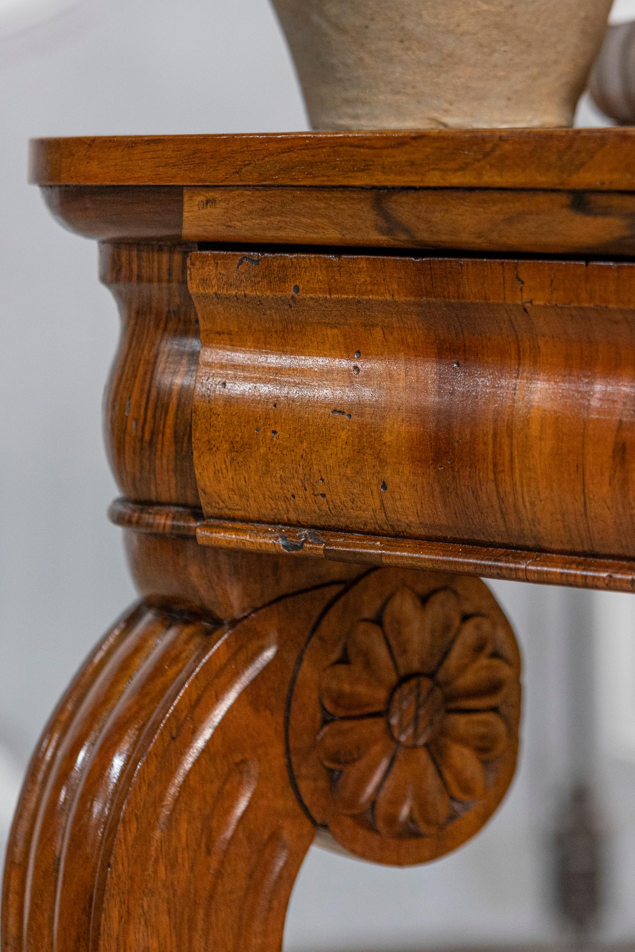 Pair of Italian Charles X 19th Century Walnut Consoles with Large Carved Volutes For Sale 14