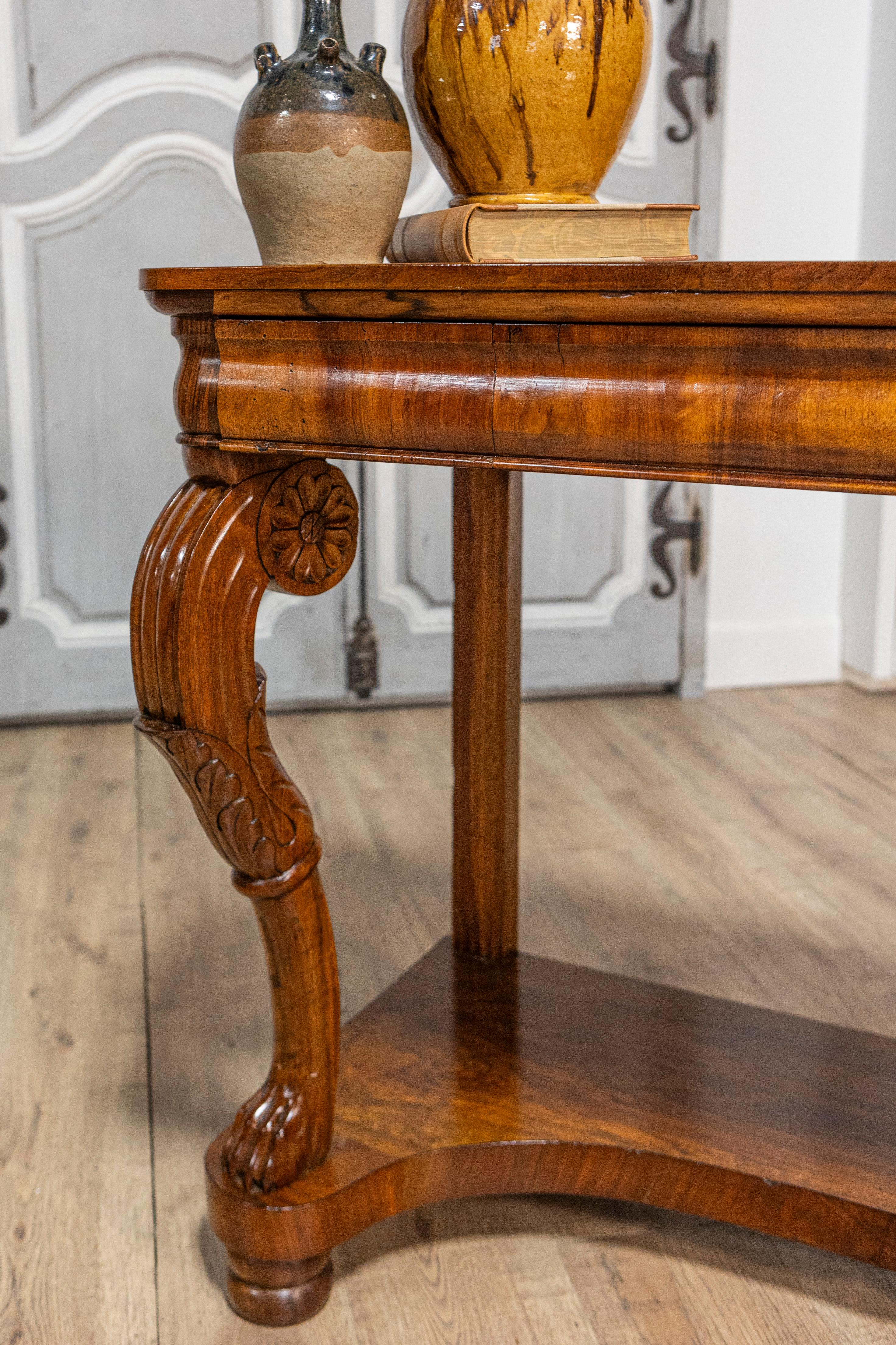 Pair of Italian Charles X 19th Century Walnut Consoles with Large Carved Volutes For Sale 15