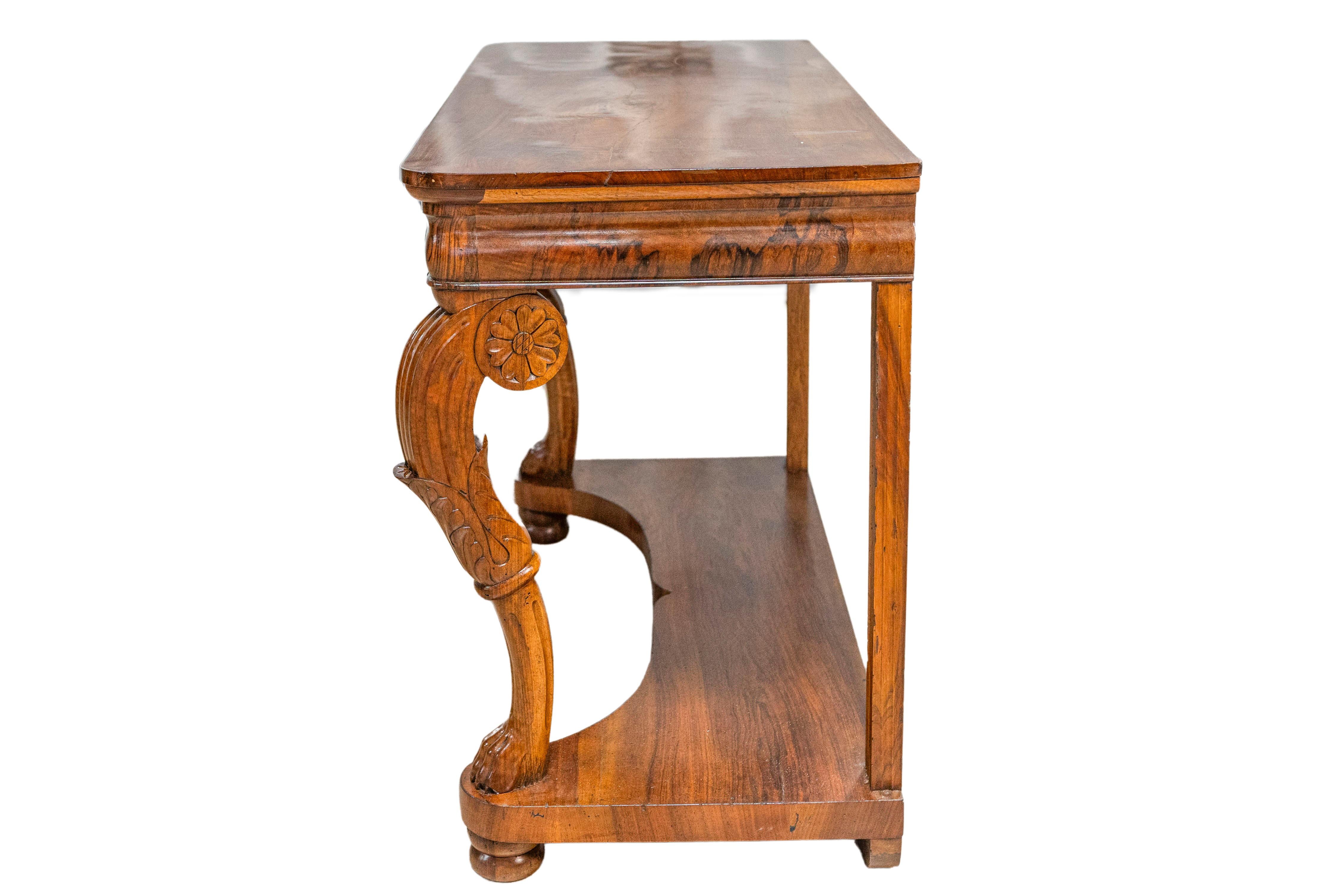 Pair of Italian Charles X 19th Century Walnut Consoles with Large Carved Volutes For Sale 2