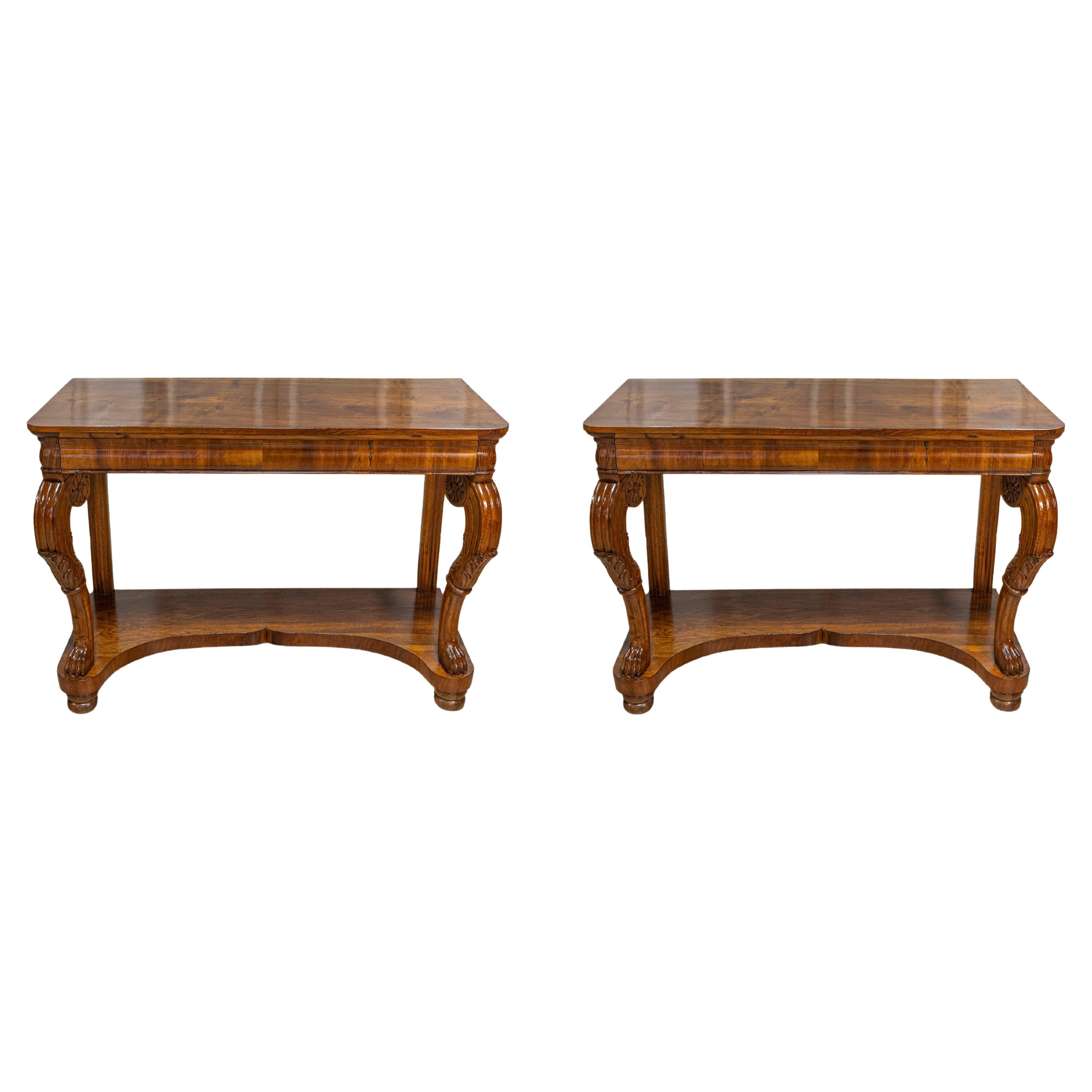 Pair of Italian Charles X 19th Century Walnut Consoles with Large Carved Volutes For Sale