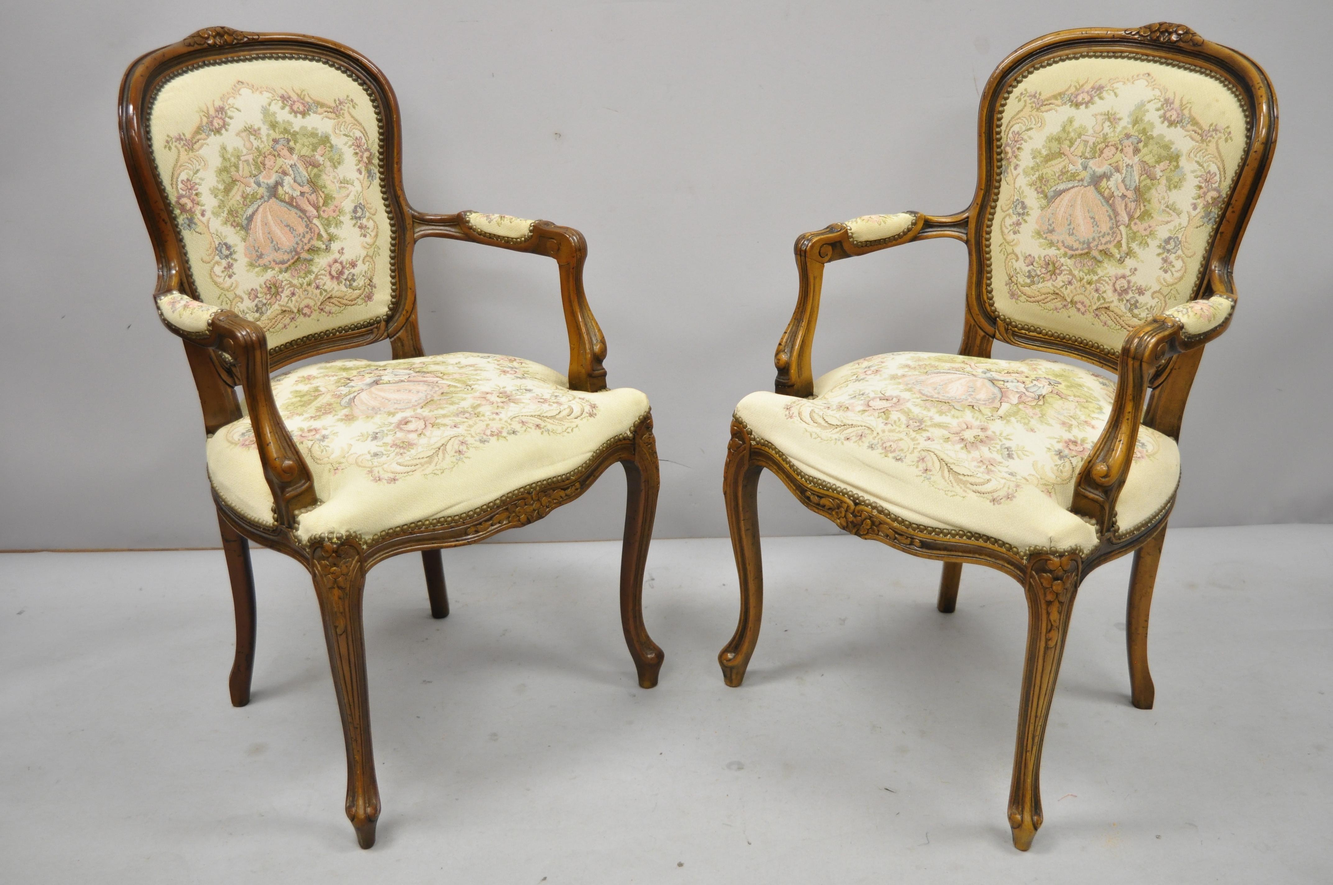 Pair of Italian Chateau d'Ax Spa French Louis XV style Tapestry armchairs.
Listing includes solid wood frame, beautiful wood grain, distressed finish, cabriole legs, quality Italian craftsmanship, great style and form, circa late 20th century.