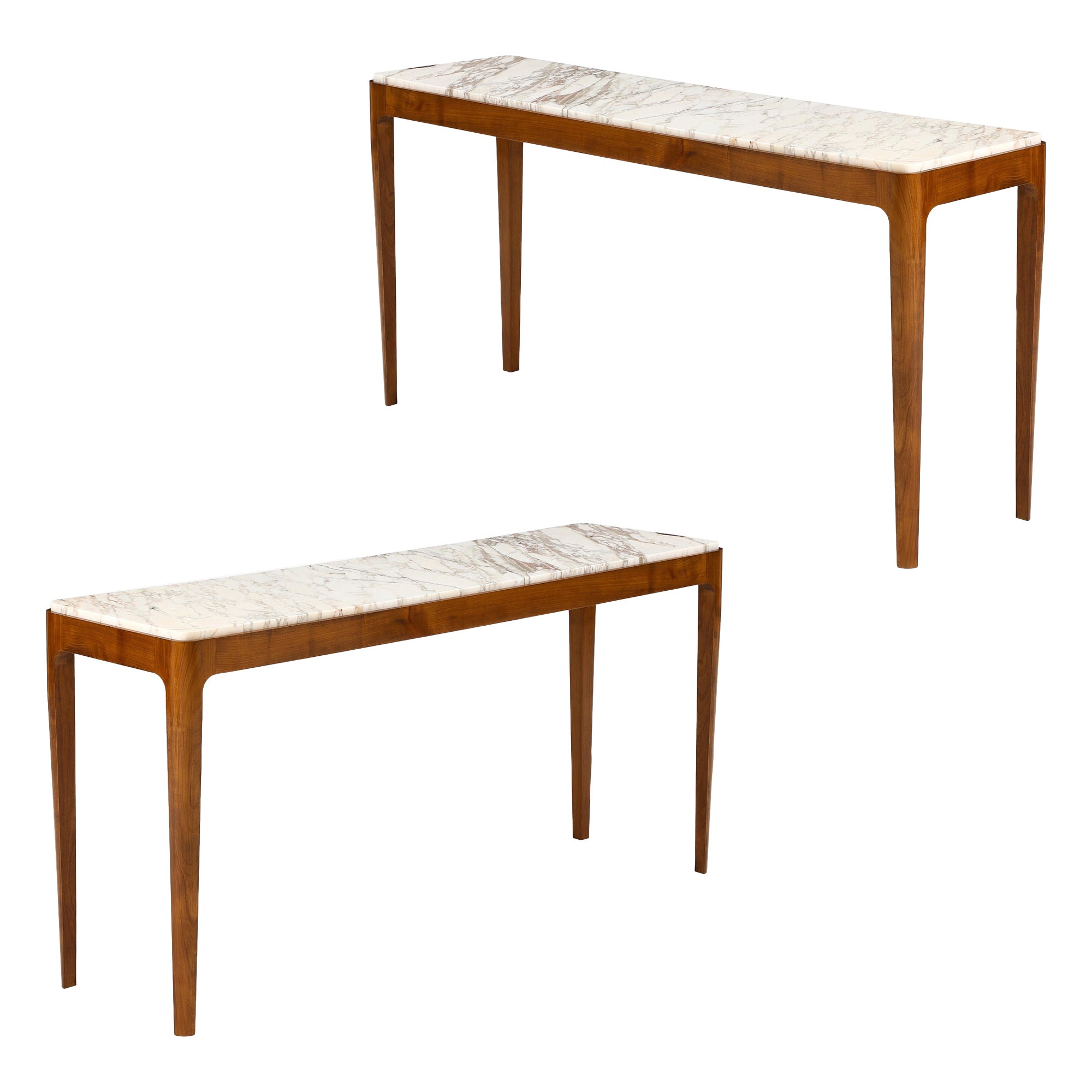 Pair of Italian Cherry Wood and Broccatello Marble Console Tables, Italy