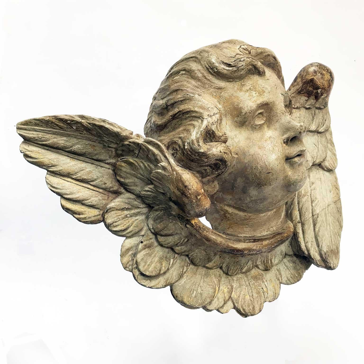 Wood Pair of Italian Cherub Head Sculptures 18th Century Carved Winged Putti Heads