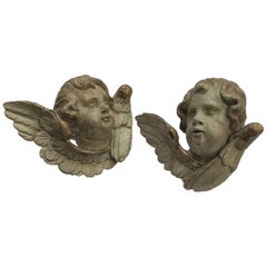 Antique Pair of Italian Cherub Head Sculptures 18th Century Carved Winged Putti Heads