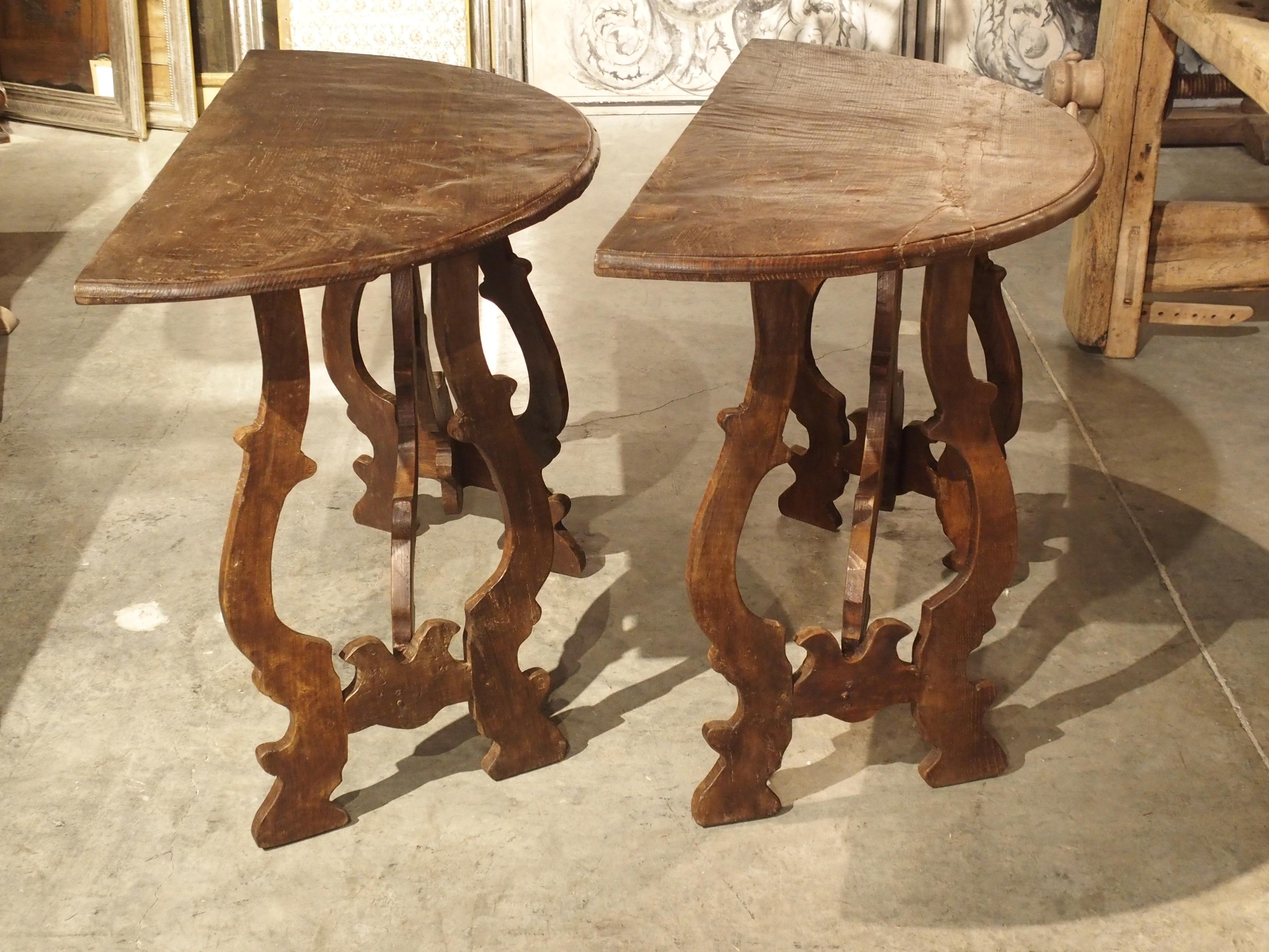 Pair of Italian Chestnut Wood Demi-Lune Console Tables 8