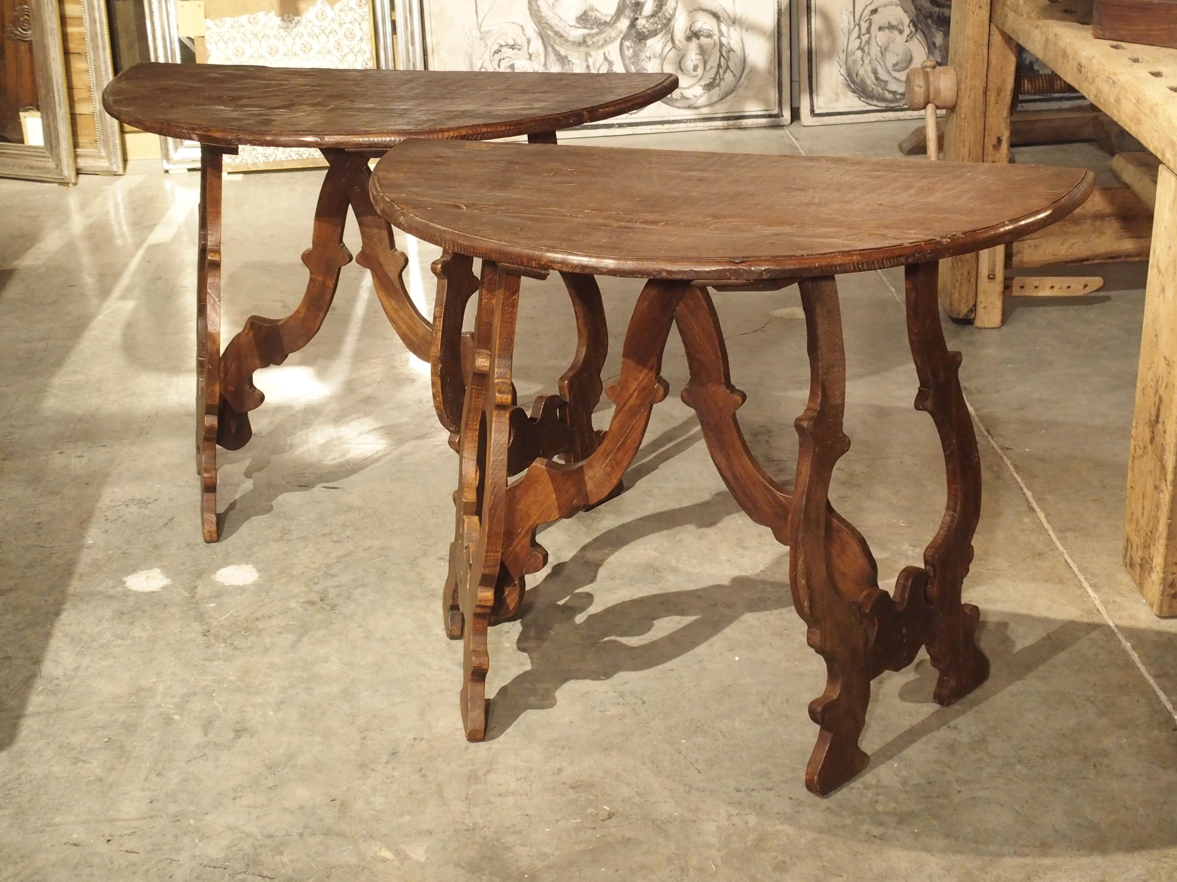 Pair of Italian Chestnut Wood Demi-Lune Console Tables In Good Condition In Dallas, TX