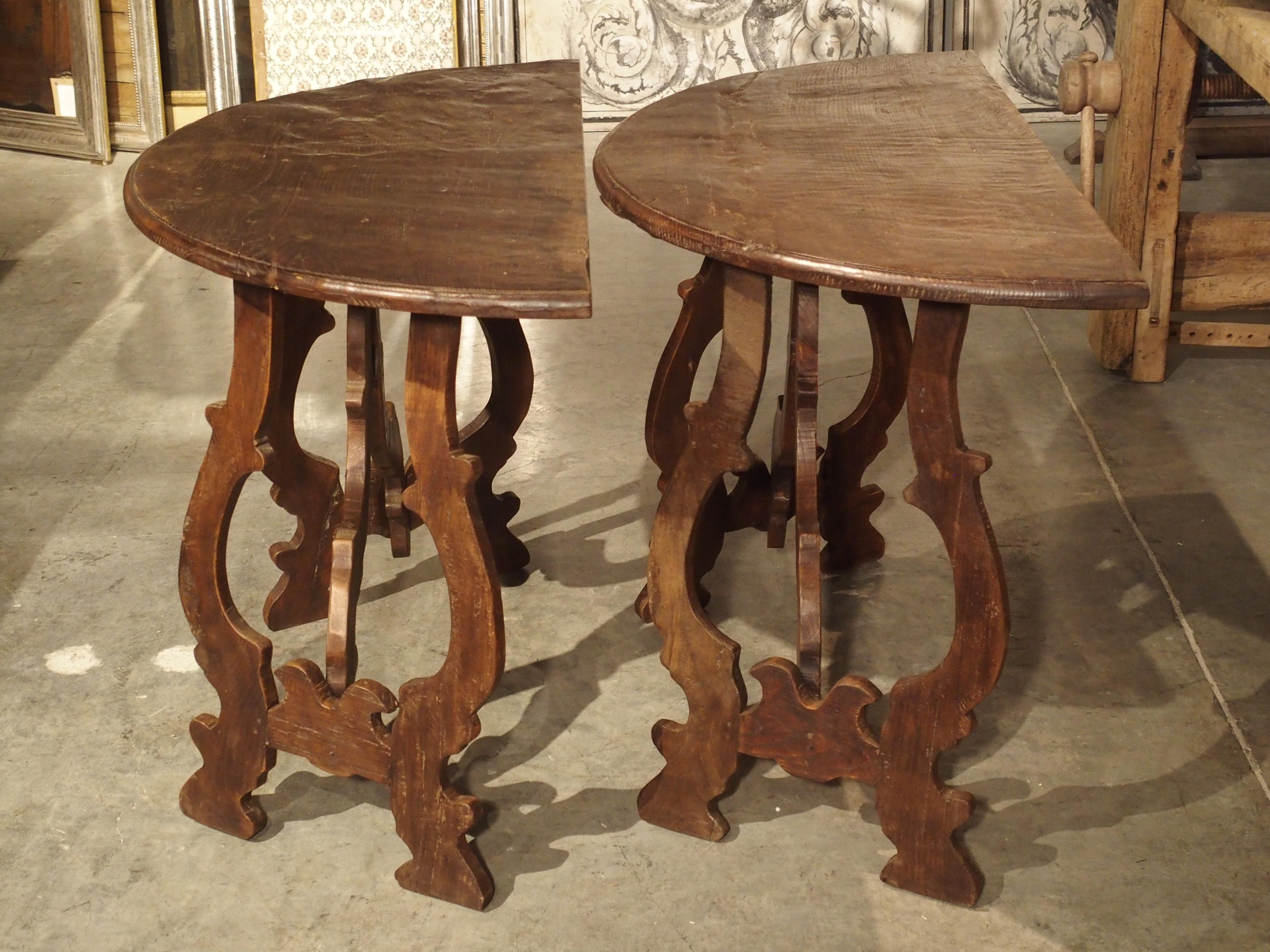 Pair of Italian Chestnut Wood Demi-Lune Console Tables 2