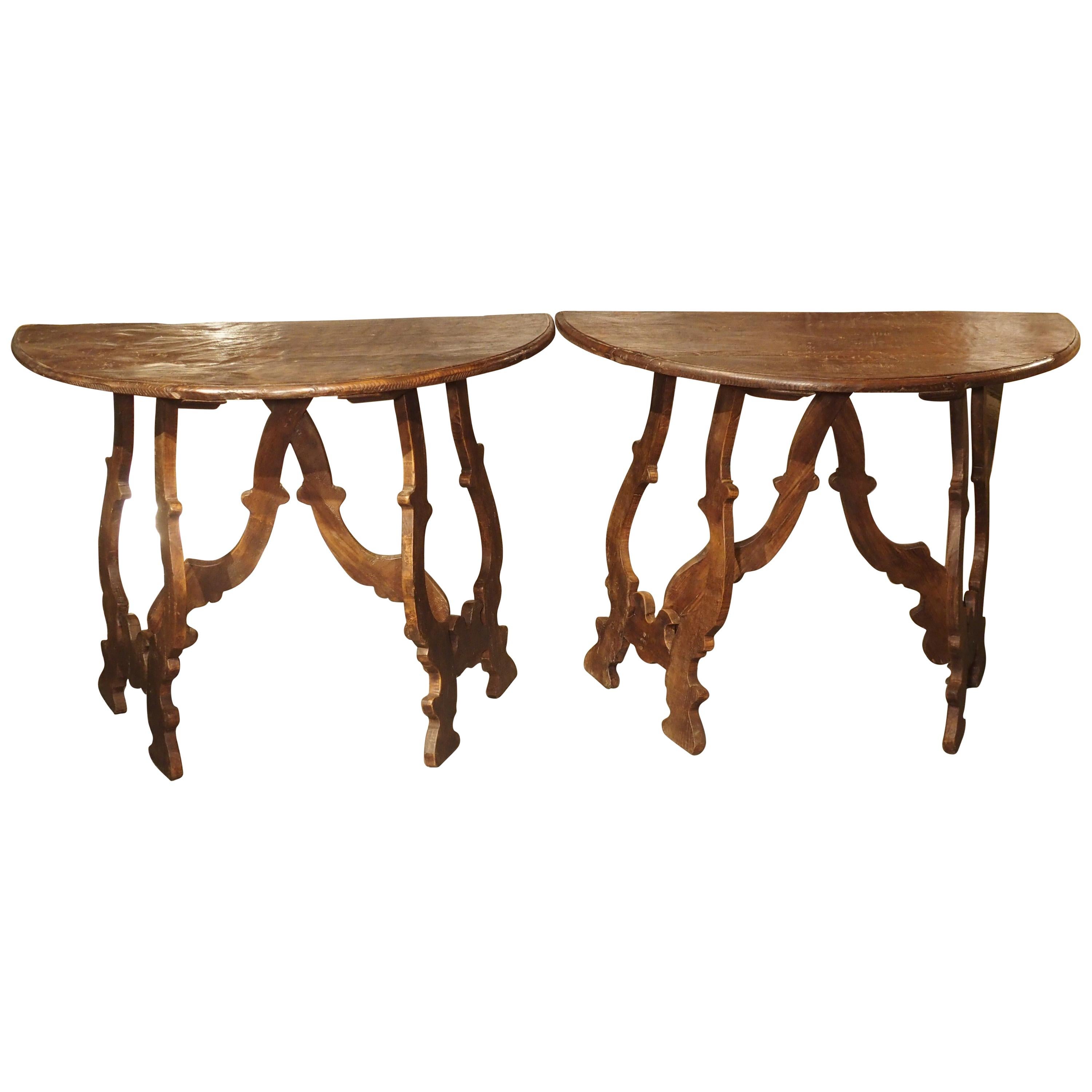 Pair of Italian Chestnut Wood Demi-Lune Console Tables