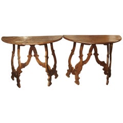 Pair of Italian Chestnut Wood Demi-Lune Console Tables