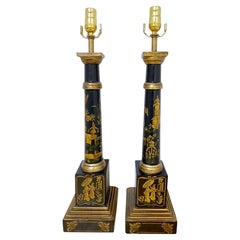 Pair of Italian Chinoiserie Black Tole gilt Decorated Column Lamps 