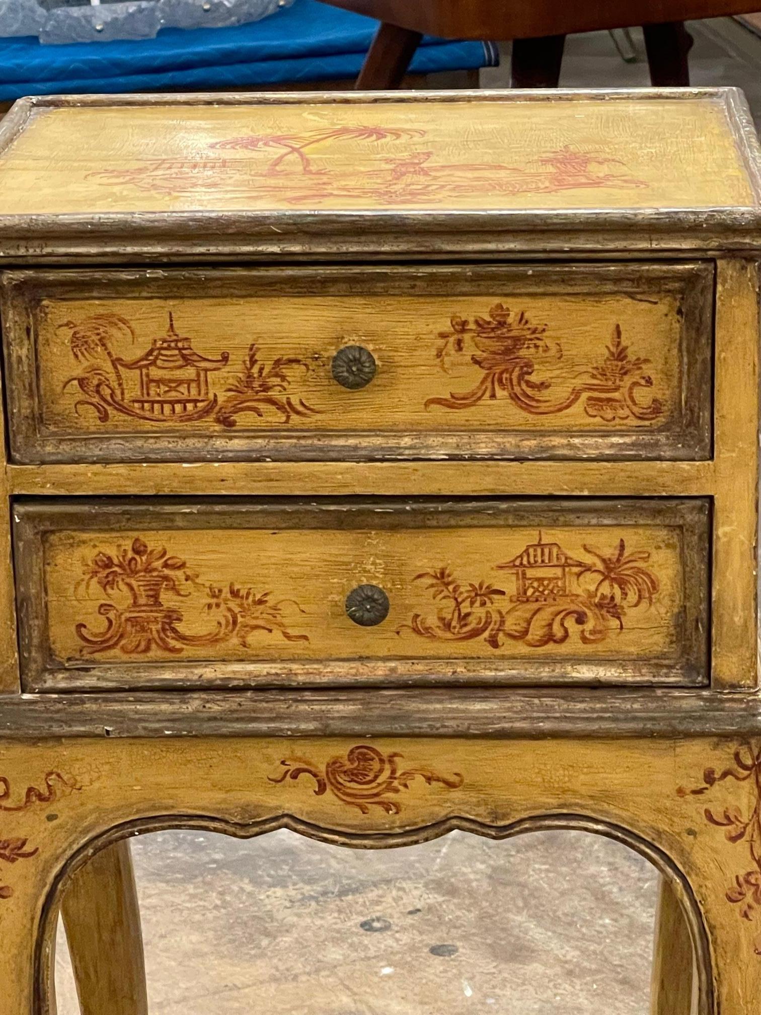 Pair of antique Italian painted Chinoiserie side tables, Circa 1910. The side tables have a beautiful patina. The perfect accent for any room.