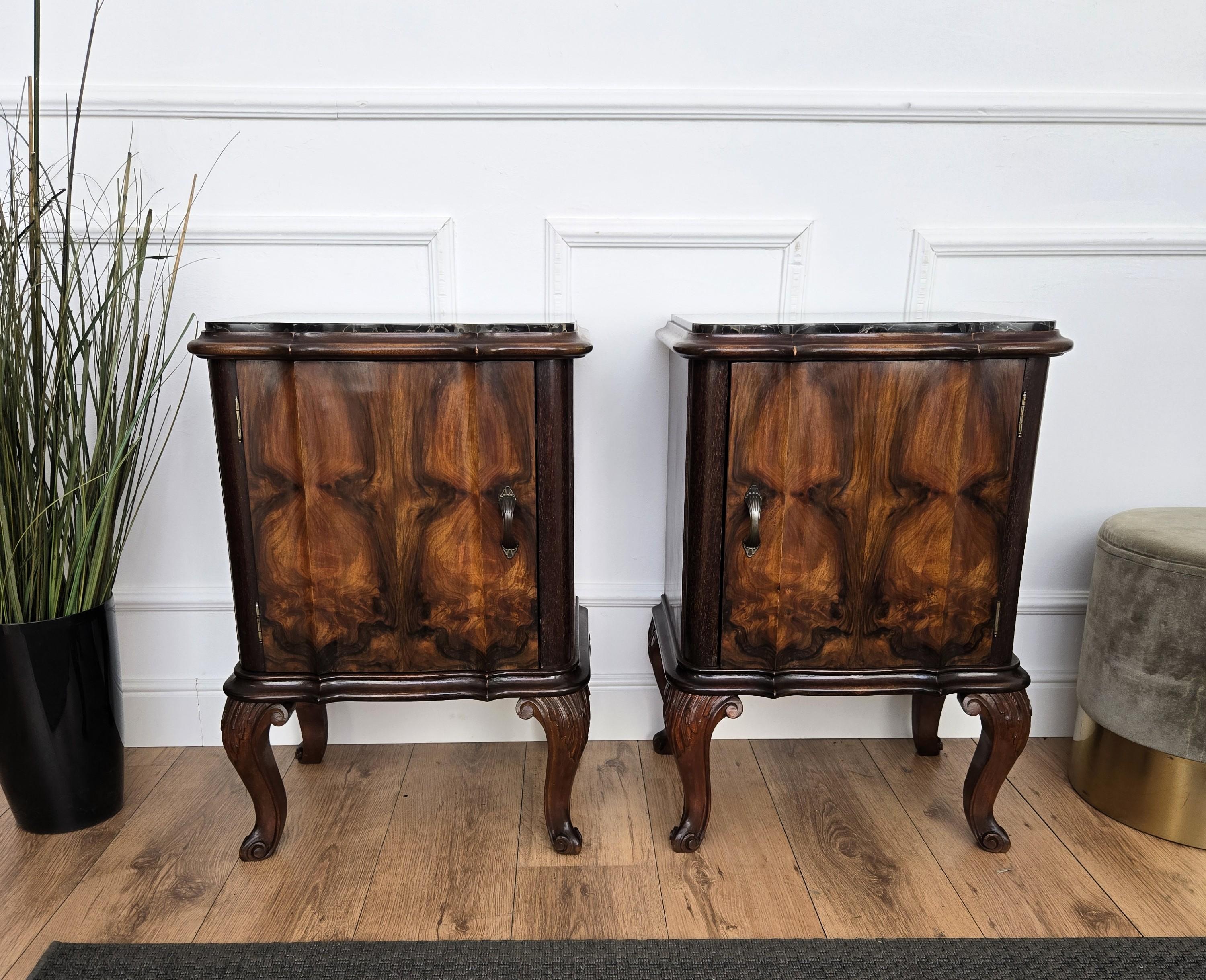 Bronze Pair of Italian Chippendale Walnut Burl Portoro Marble Night Stands Bed Tables For Sale