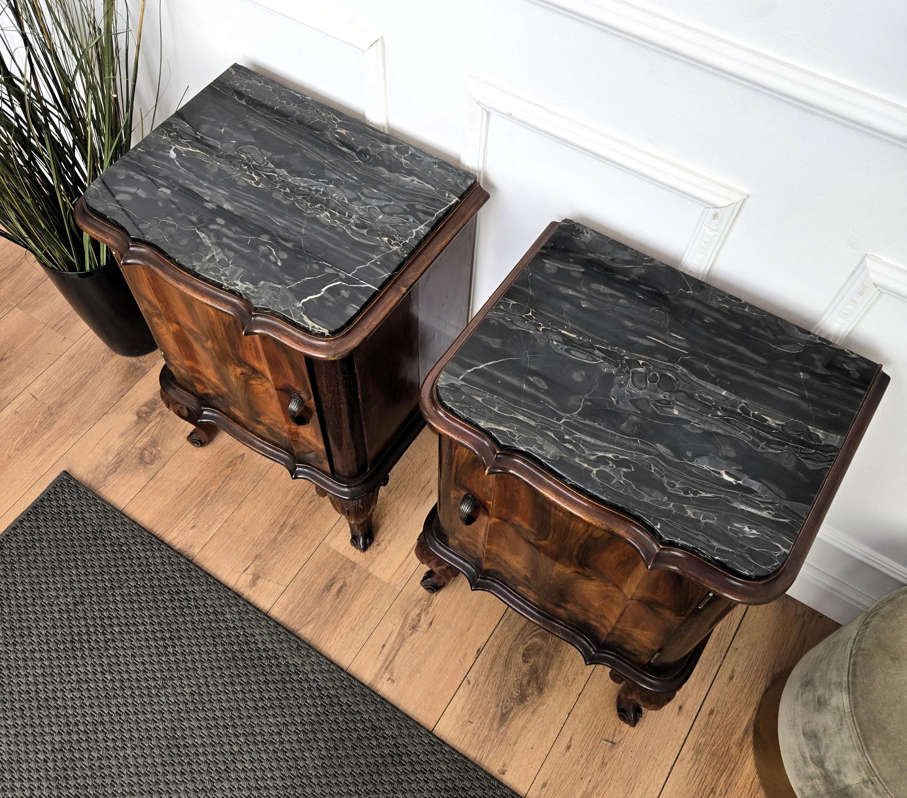 Pair of Italian Chippendale Walnut Burl Portoro Marble Night Stands Bed Tables For Sale 1