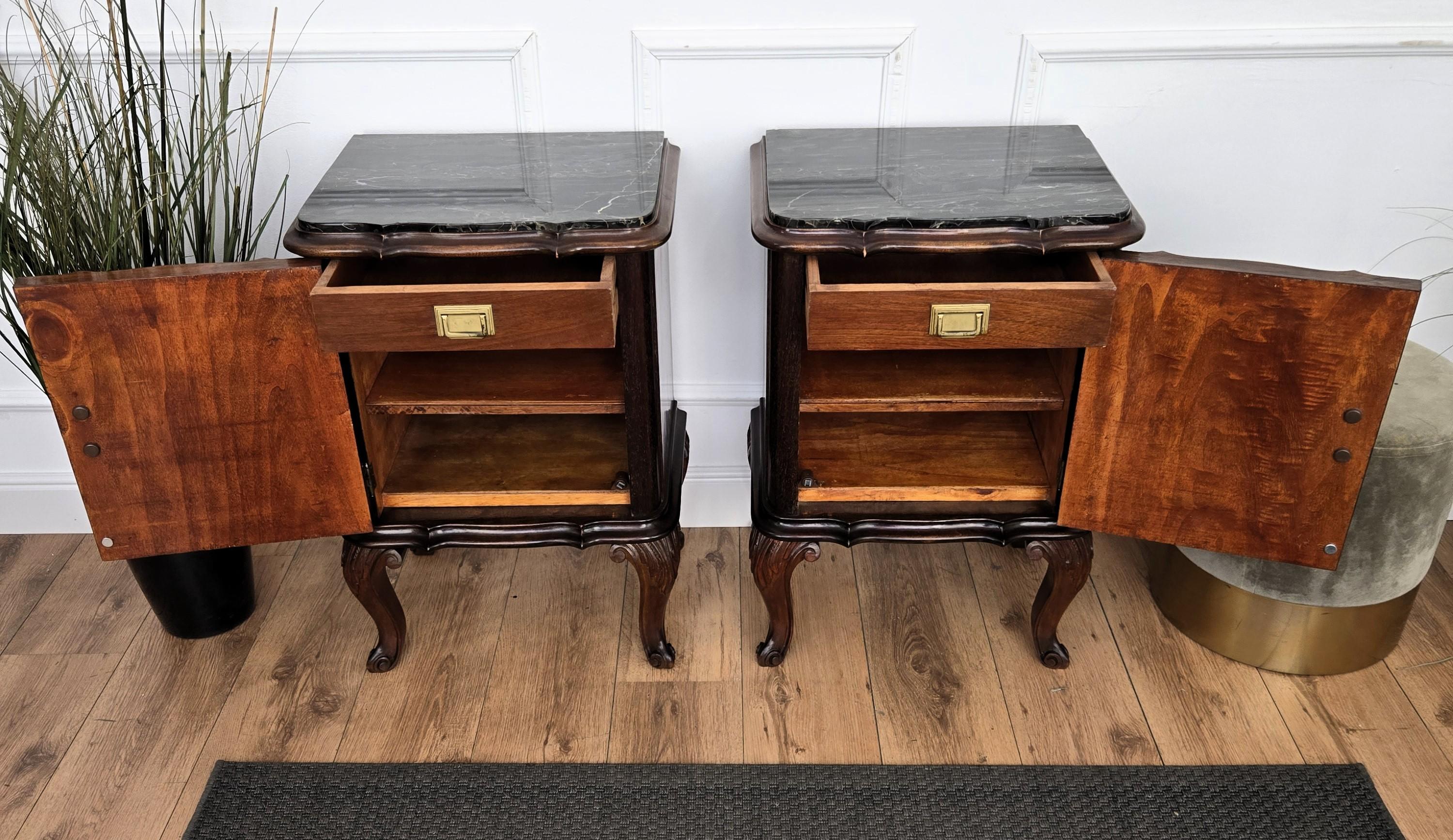 Pair of Italian Chippendale Walnut Burl Portoro Marble Night Stands Bed Tables For Sale 2