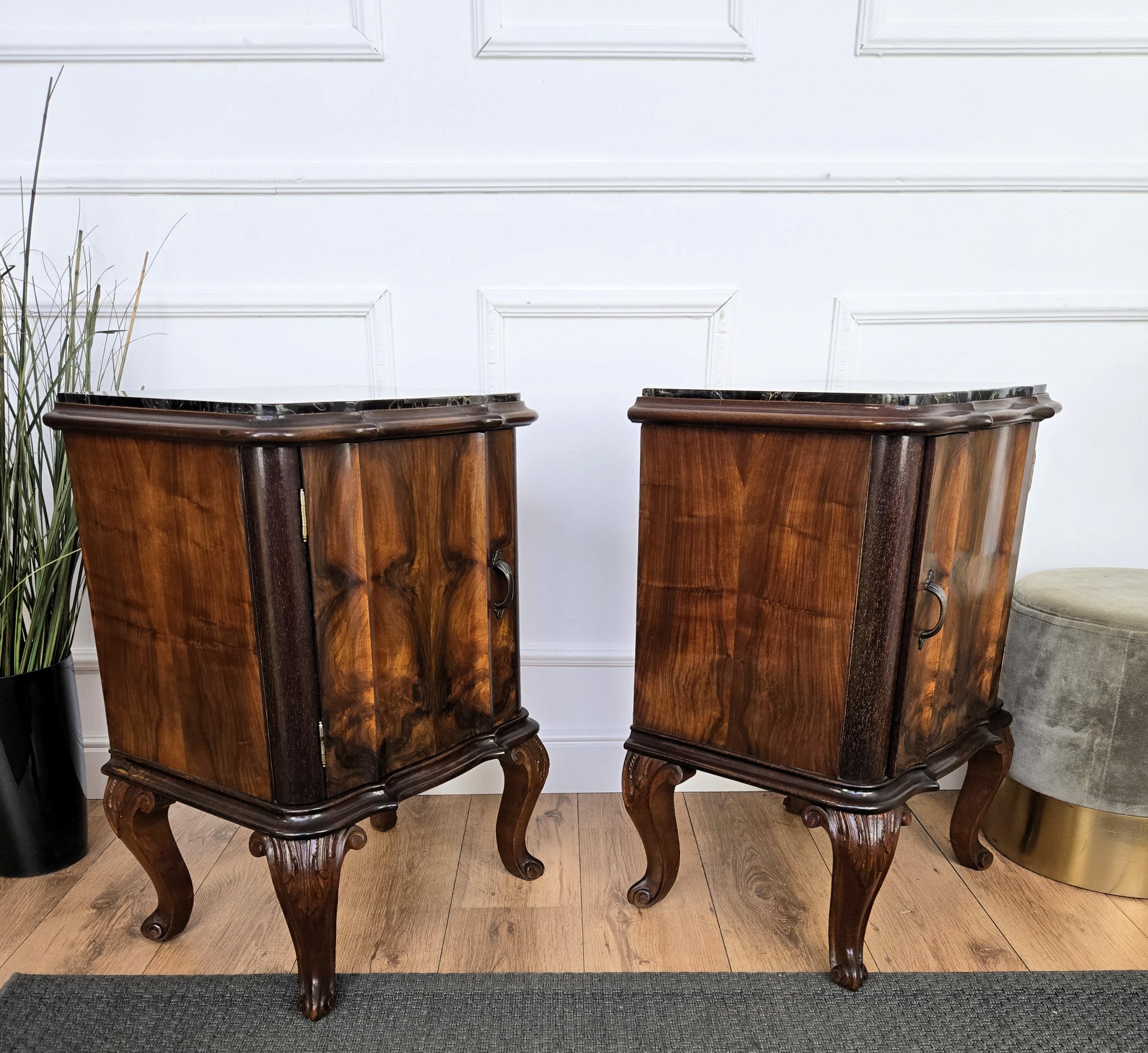 Pair of Italian Chippendale Walnut Burl Portoro Marble Night Stands Bed Tables For Sale 3