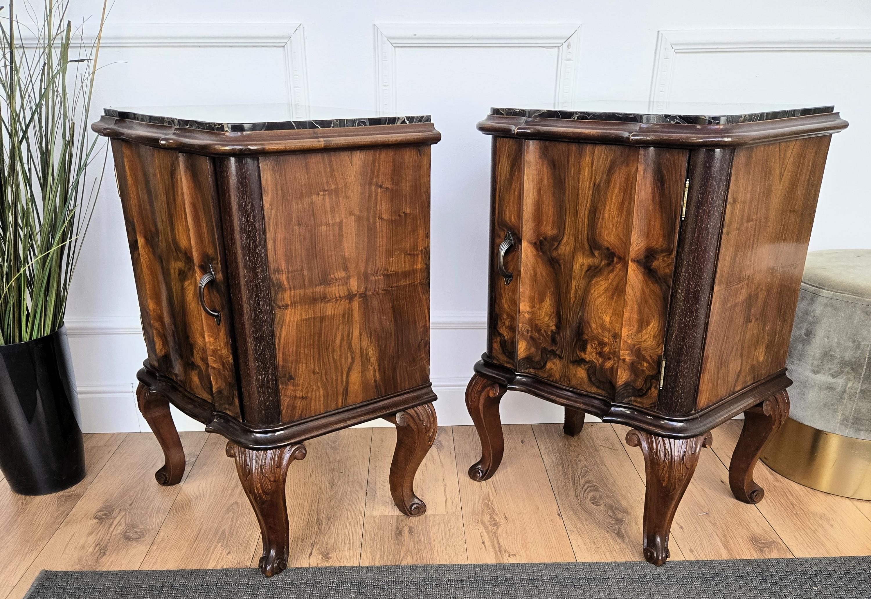 Pair of Italian Chippendale Walnut Burl Portoro Marble Night Stands Bed Tables For Sale 4