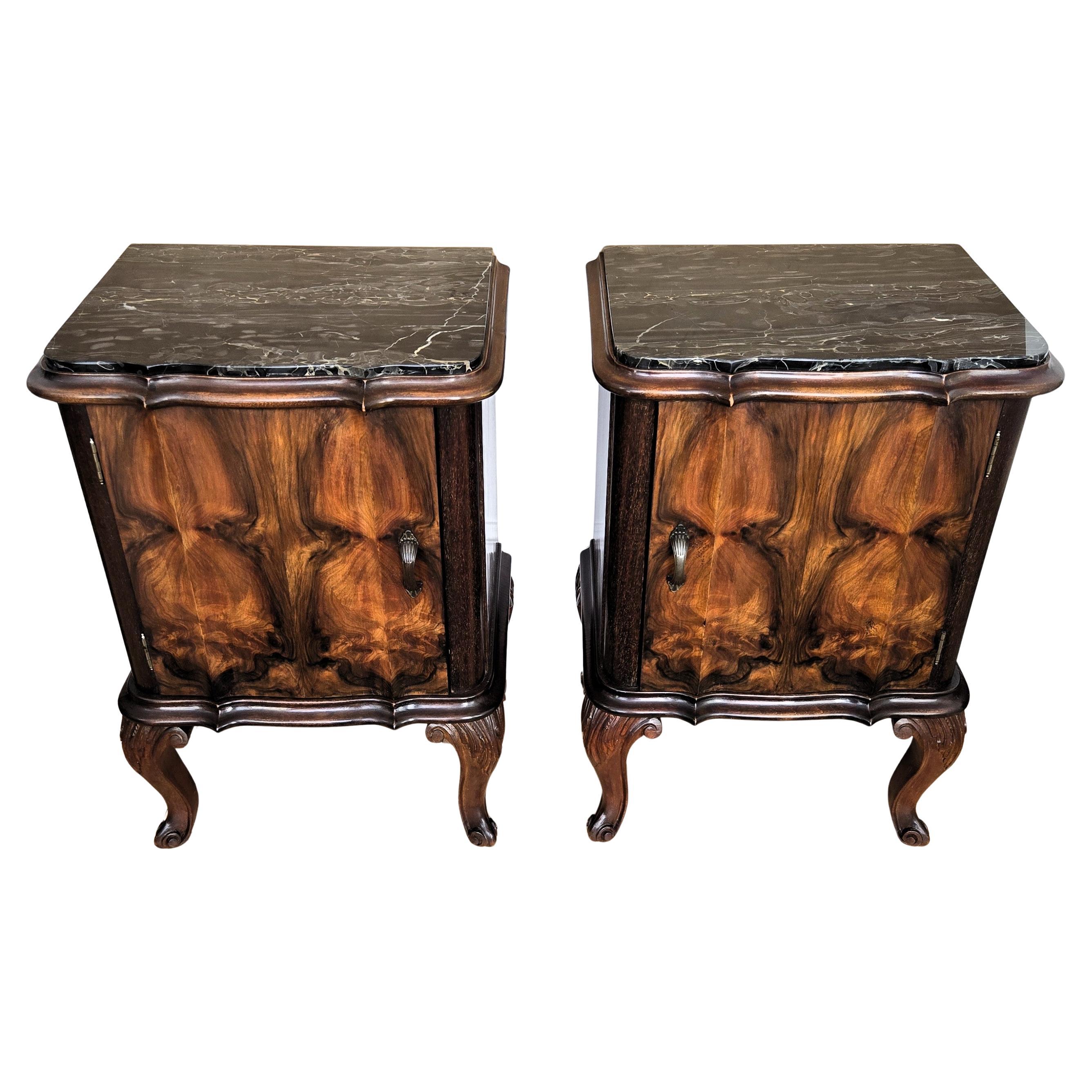 Pair of Italian Chippendale Walnut Burl Portoro Marble Night Stands Bed Tables For Sale