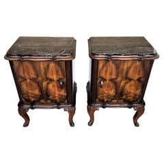 Antique Pair of Italian Chippendale Walnut Burl Portoro Marble Night Stands Bed Tables