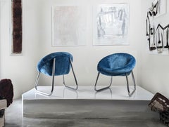 Pair of Italian Chrome and Blue Velvet Armchairs, 1970s