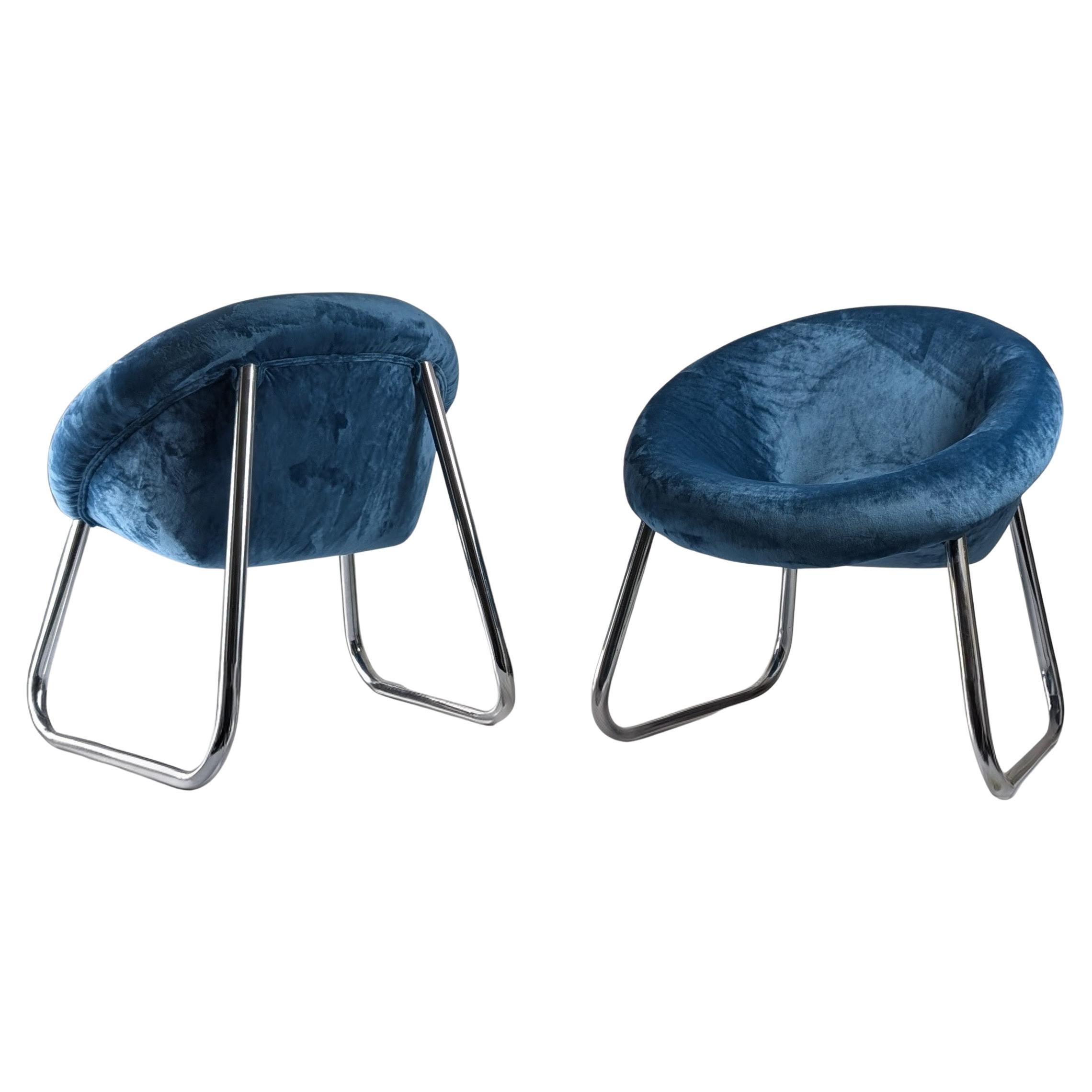Pair of Italian Chrome and Blue Velvet Armchairs, 1970s