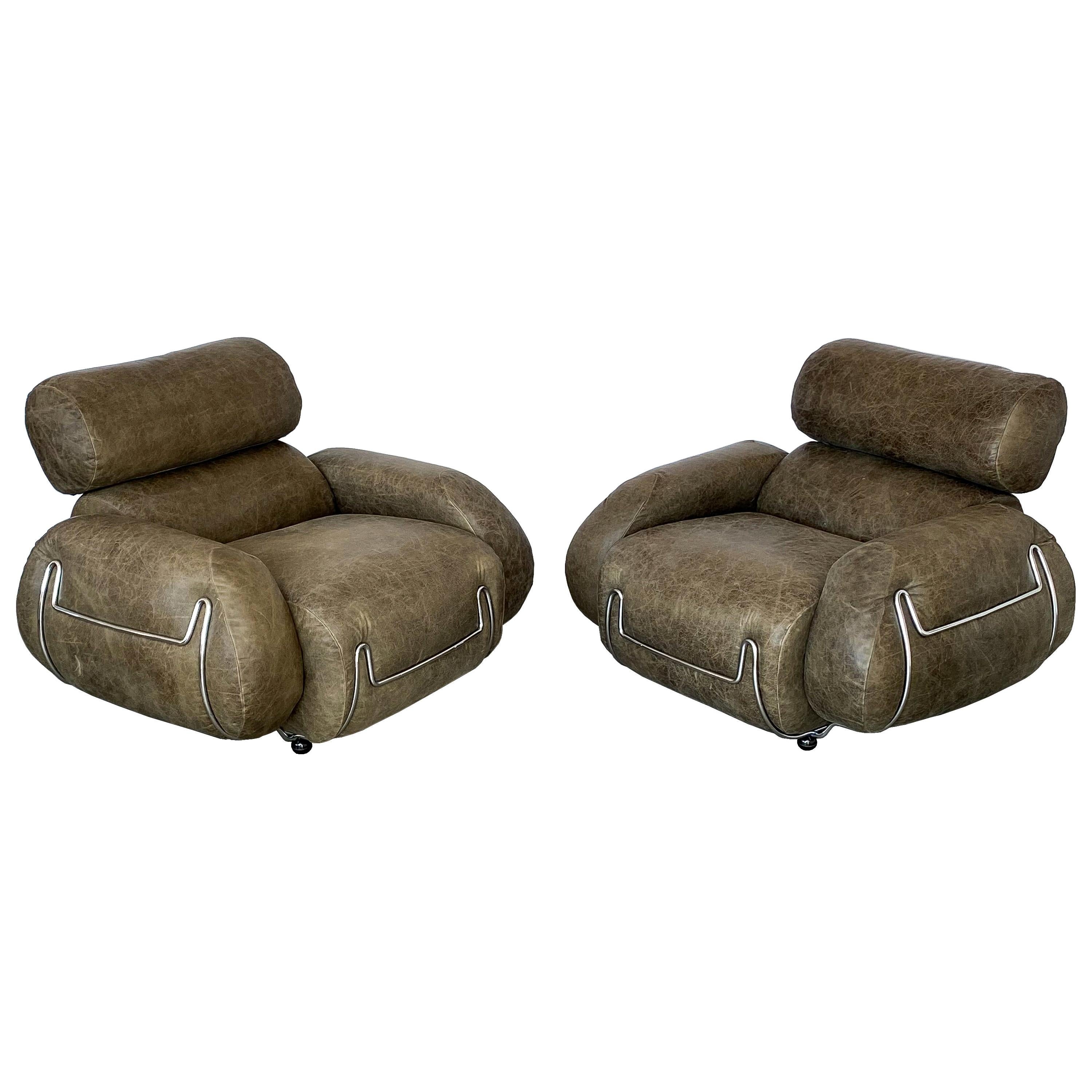 Pair of Italian Chrome and Leather Lounge Chairs