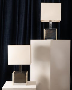 Pair of Italian Chrome and Onyx Table Lamps, 1970s, Geometric Design