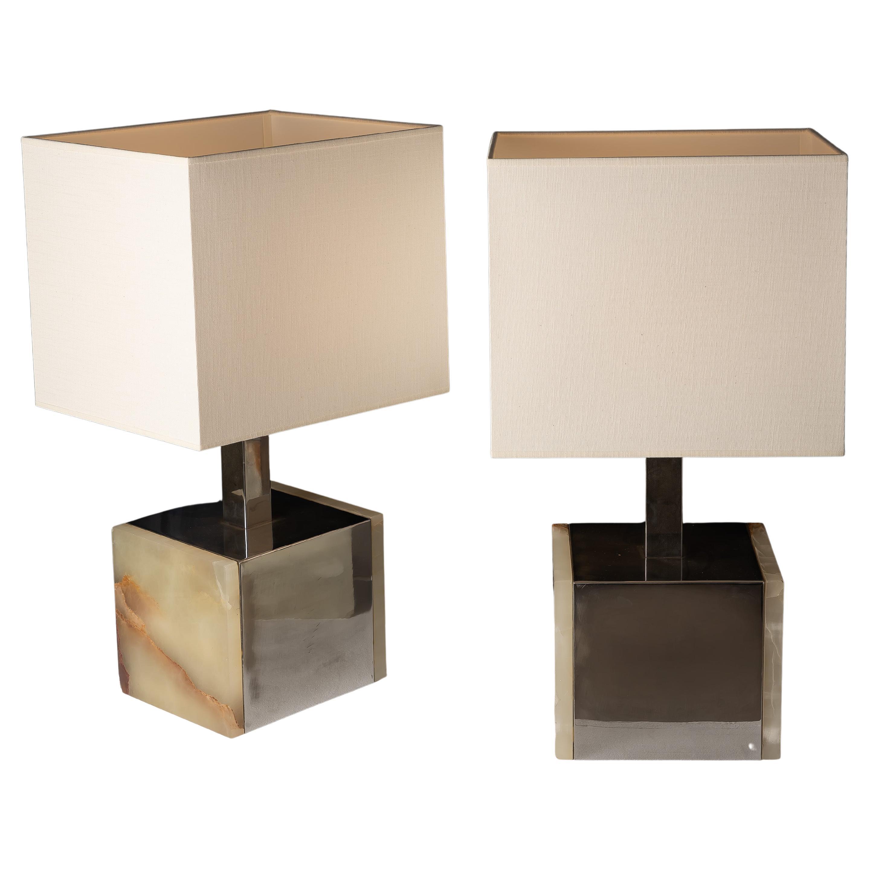 Pair of Italian Chrome and Onyx Table Lamps, 1970s, Geometric Design