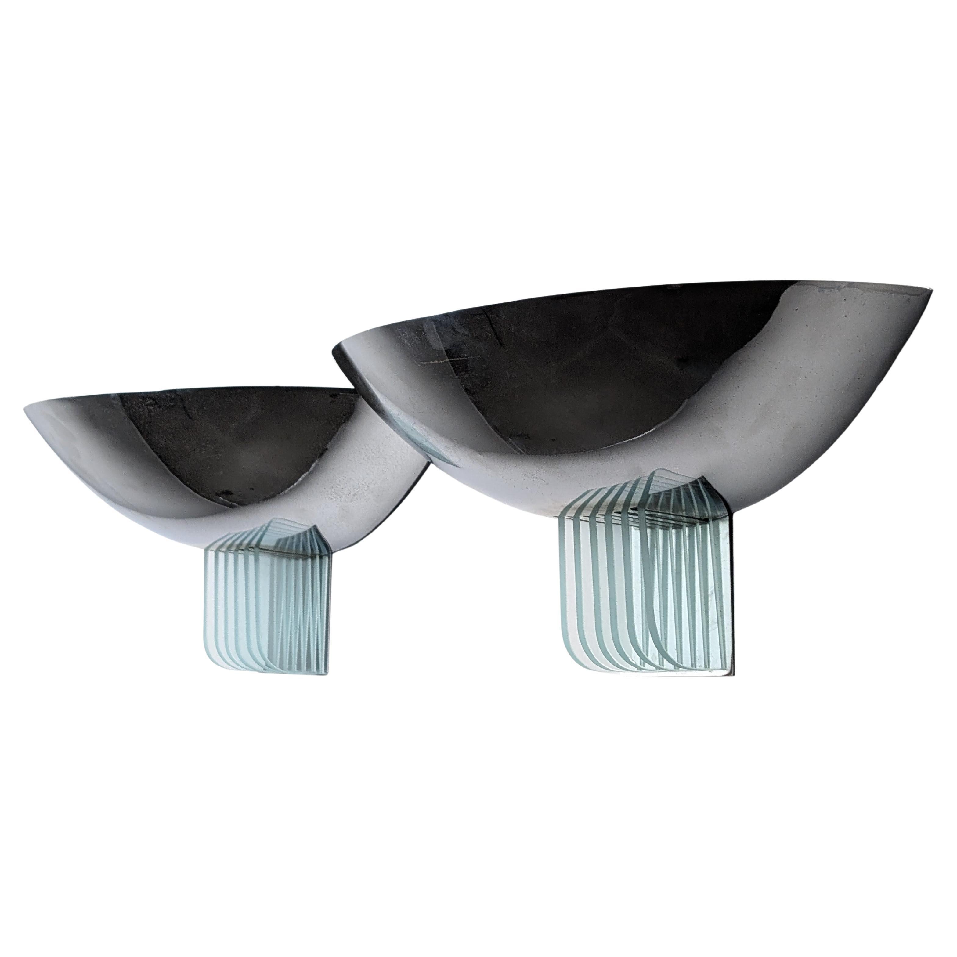 Pareja de candelabros italianos de cromo y cristal grueso Años 60