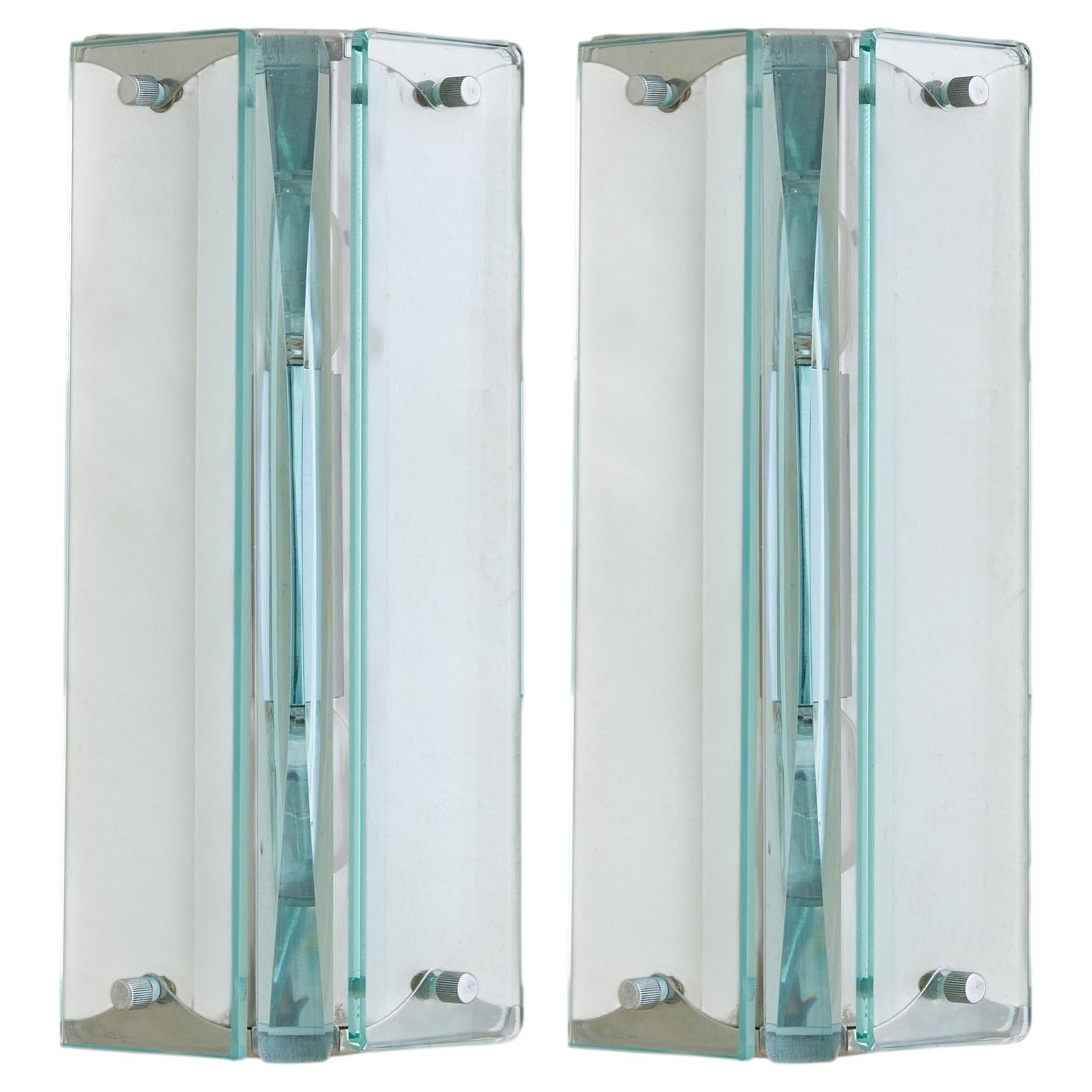 Pair of Italian Chrome + Glass Sconces in the Manner of Fontana Arte, 1960s
