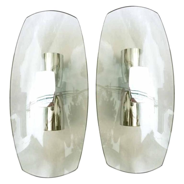 Pair of Italian Chrome & Smoked Glass Sconces For Sale