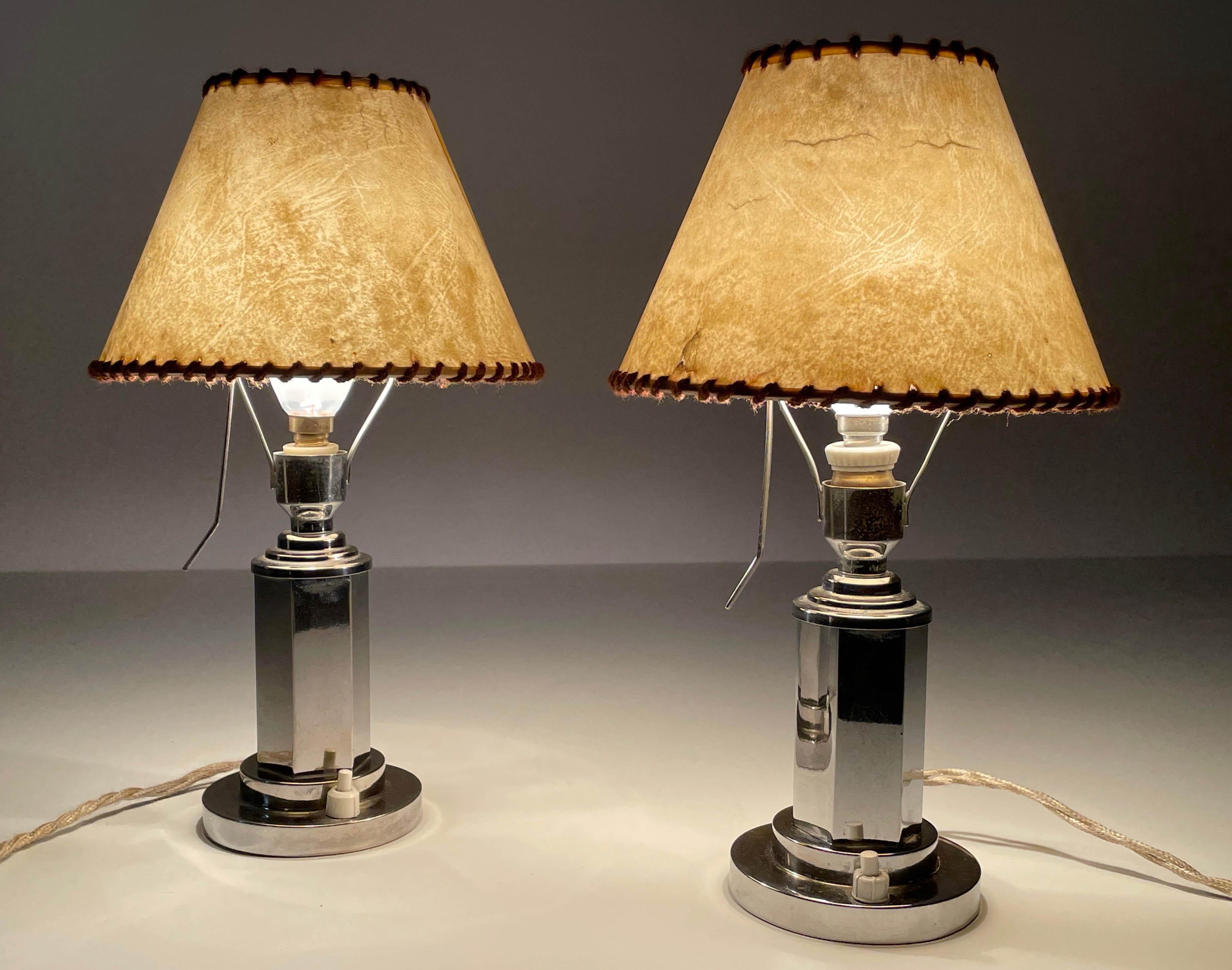 Pair of Italian Chrome Table Lamps with Adjustable Parchment Lampshade, 1940s 3