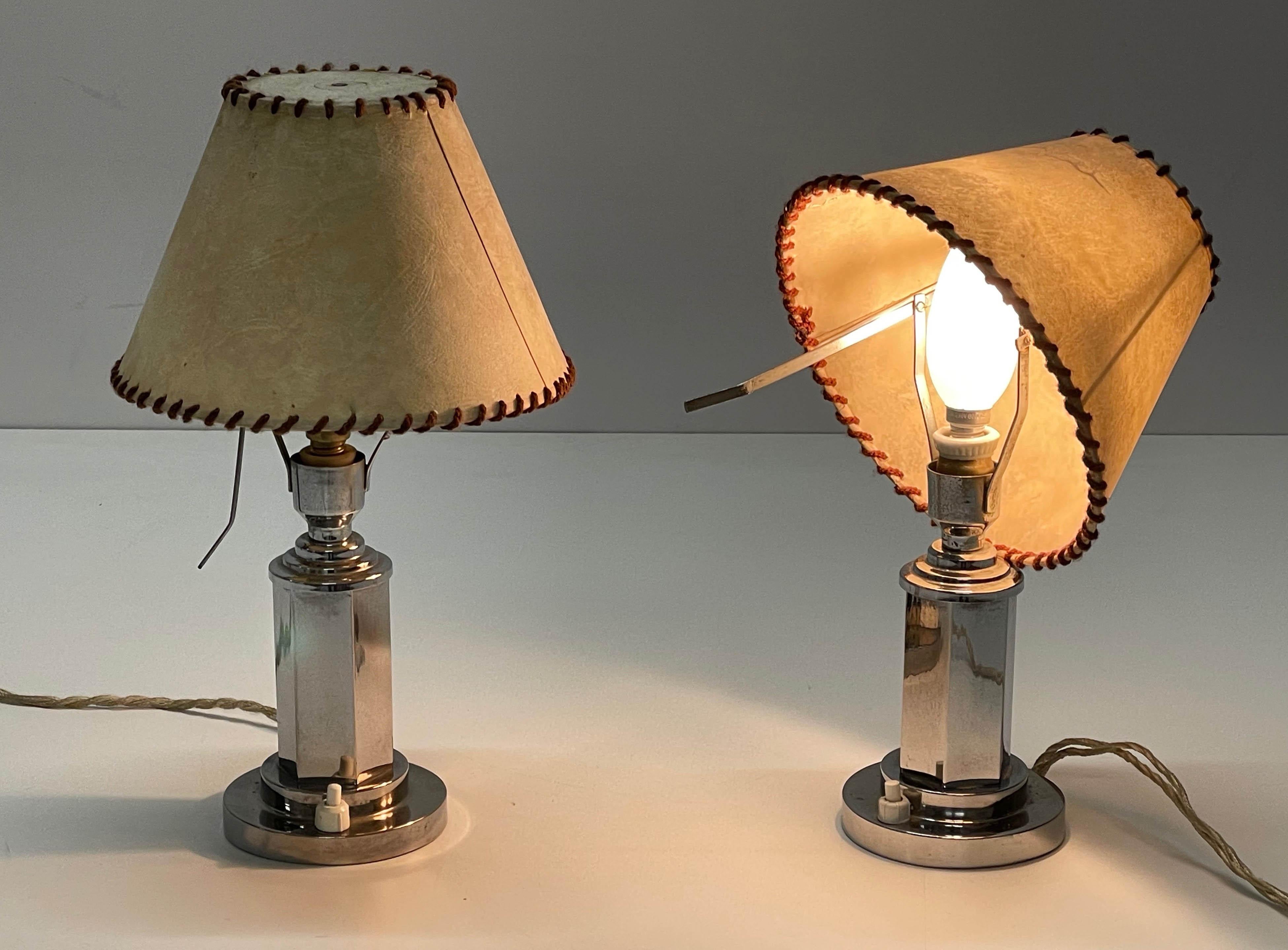 Metal Pair of Italian Chrome Table Lamps with Adjustable Parchment Lampshade, 1940s
