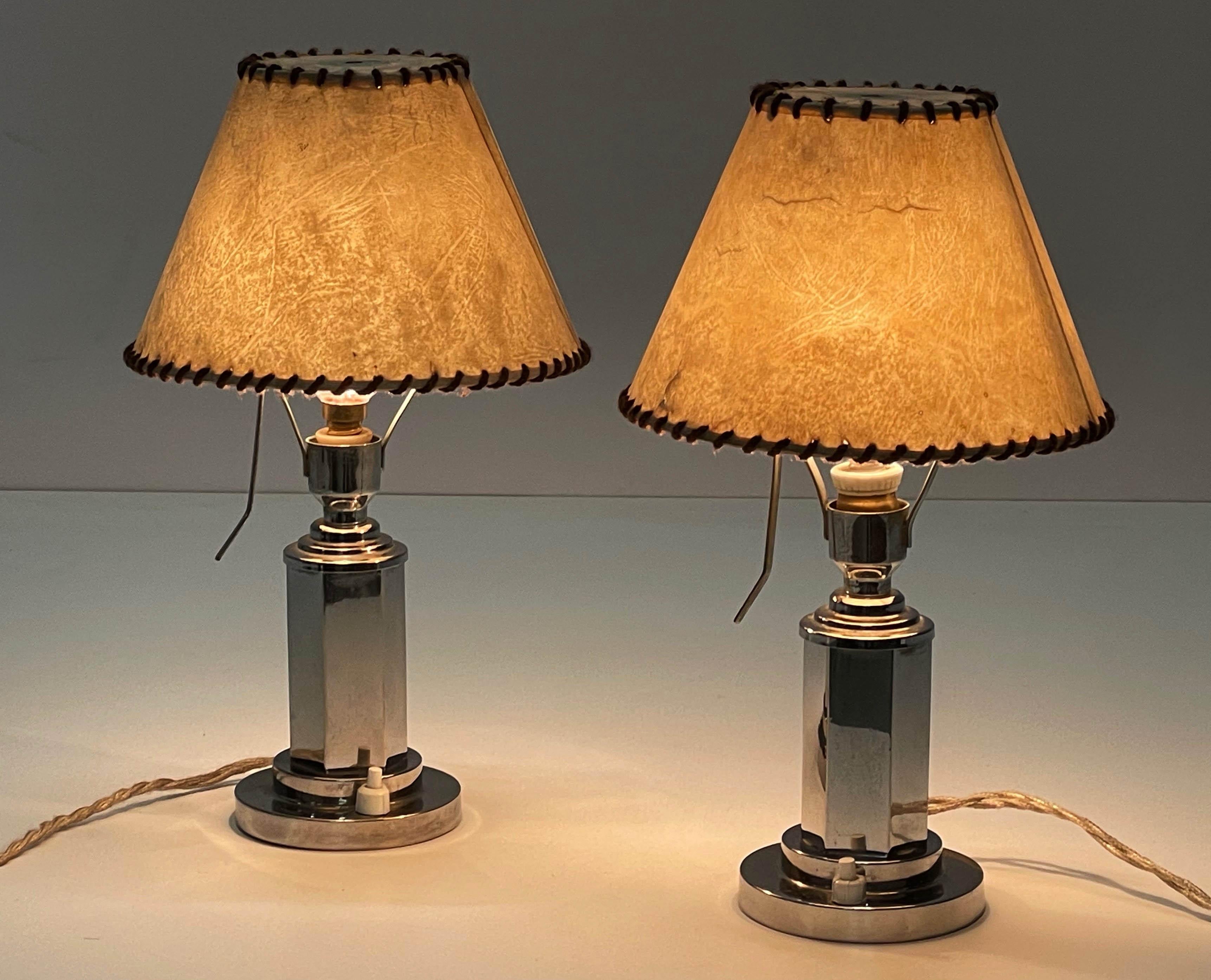 Pair of Italian Chrome Table Lamps with Adjustable Parchment Lampshade, 1940s 1