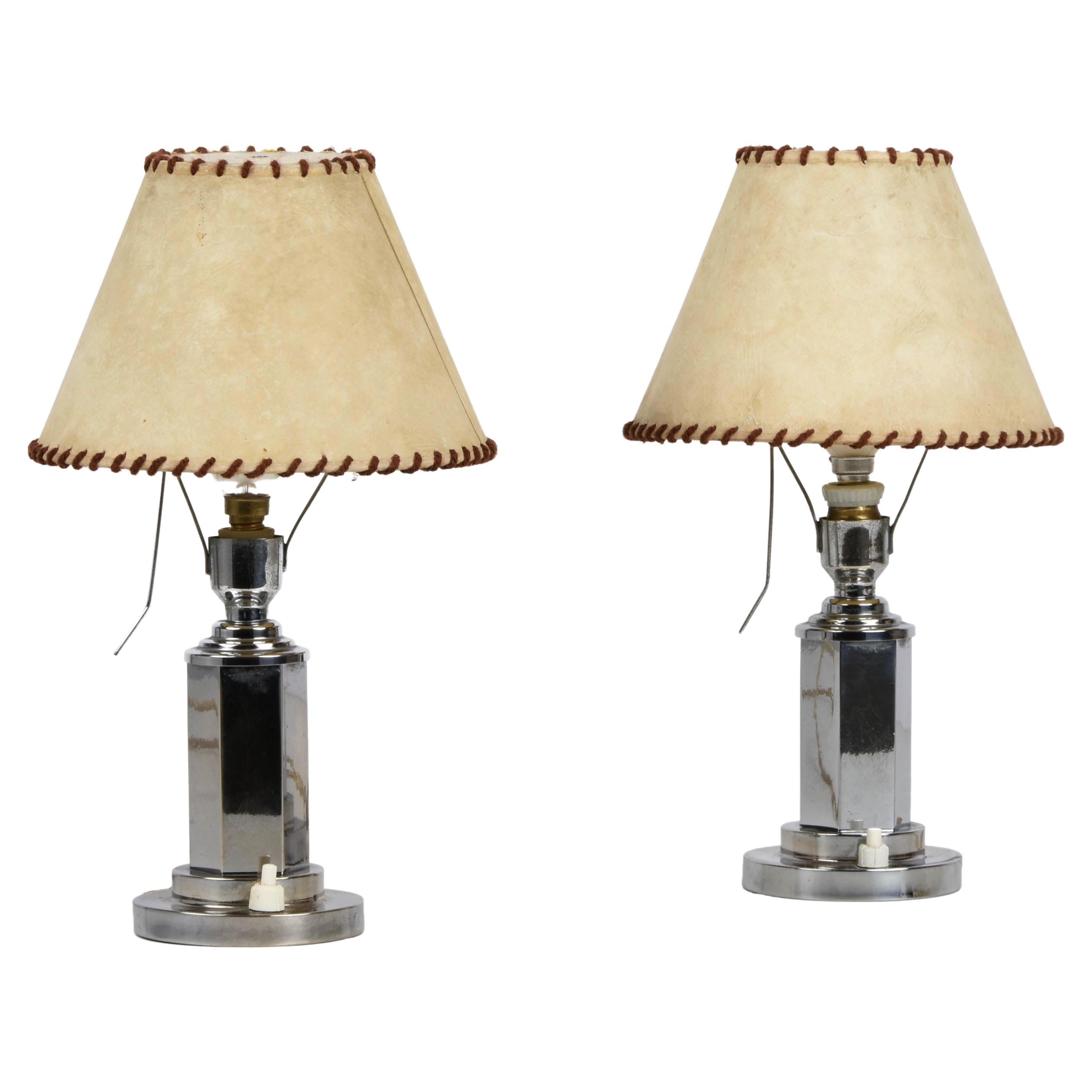 Pair of Italian Chrome Table Lamps with Adjustable Parchment Lampshade, 1940s