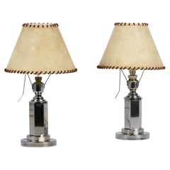 Pair of Italian Chrome Table Lamps with Adjustable Parchment Lampshade, 1940s