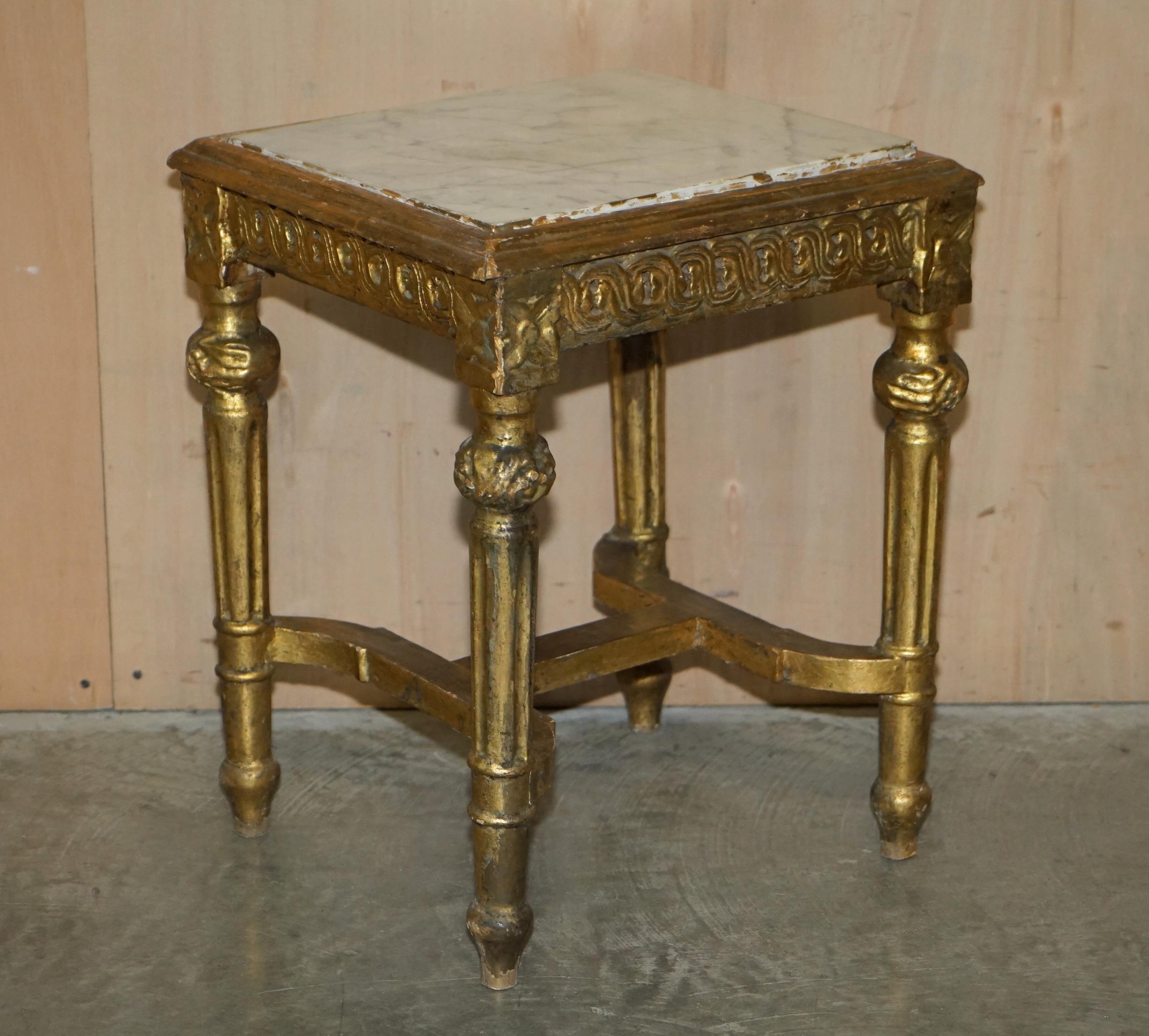 We are delighted to offer for sale this lovely original pair of circa 1840 Italian gold gilt wood marble topped side tables.

A totally original pair, the hardwood frames have been nicely gold gilt, they have aged and worn as you would expect