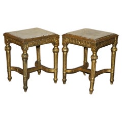 Pair of Italian circa 1840 Gold Giltwood Marble Topped Side End Lamp Wine Tables