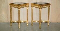 Pair of Italian circa 1880 Gold Giltwood Marble Topped Side End Lamp Wine Tables