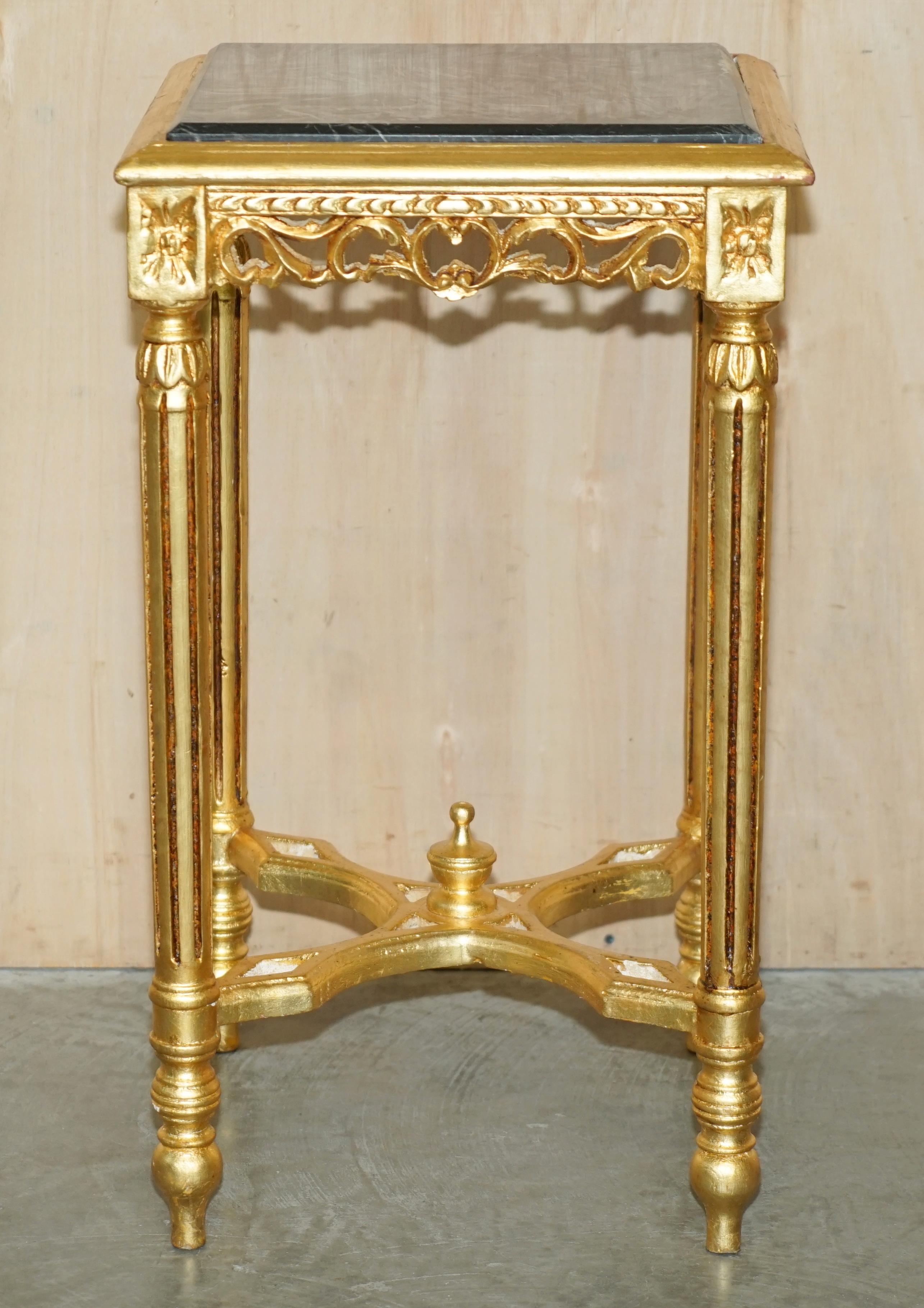 Hand-Crafted Pair of Italian circa 1880 Gold Giltwood Marble Topped Side End Lamp Wine Tables For Sale