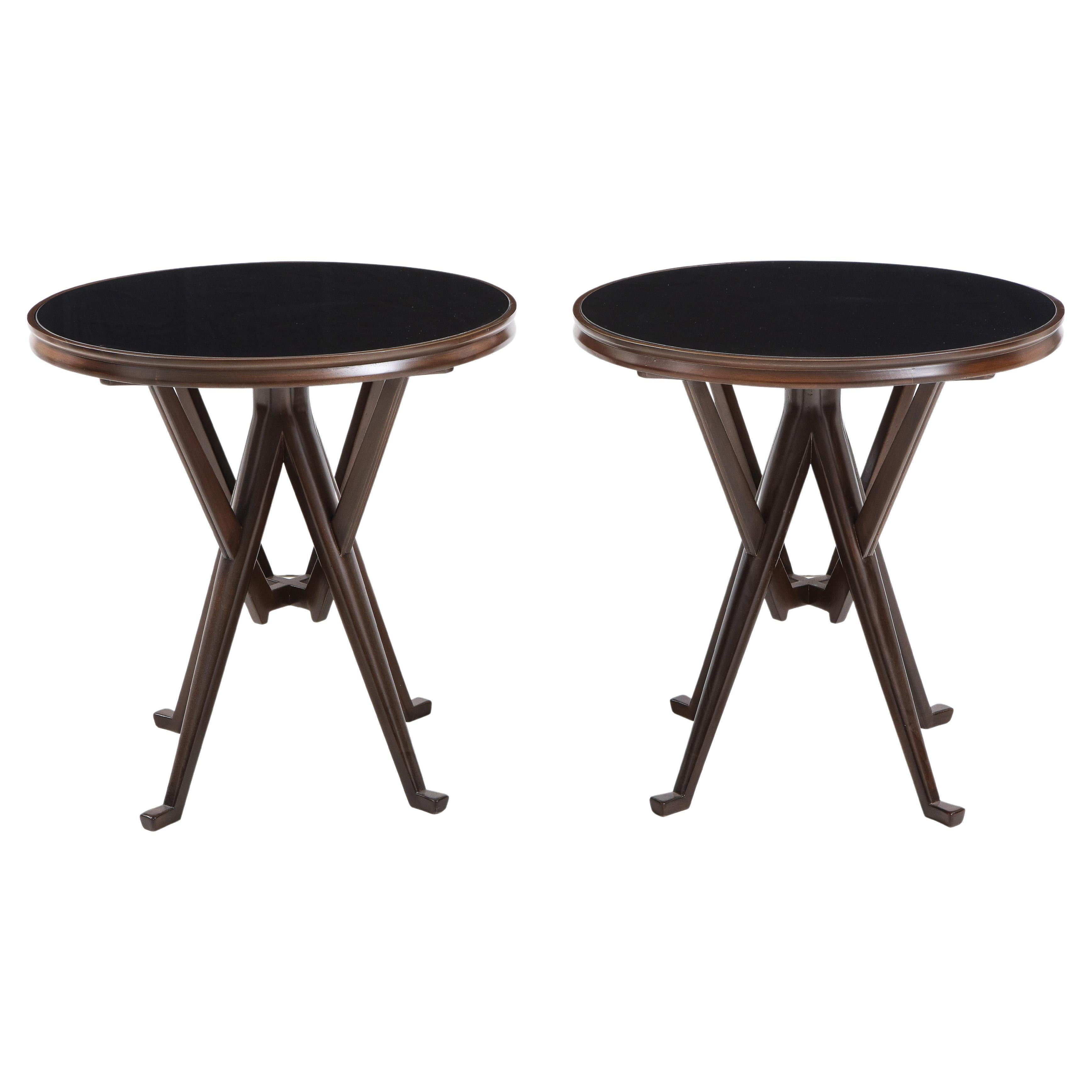 Pair of Italian Circular Wood and Glass Tables Attributed to Ico Parisi