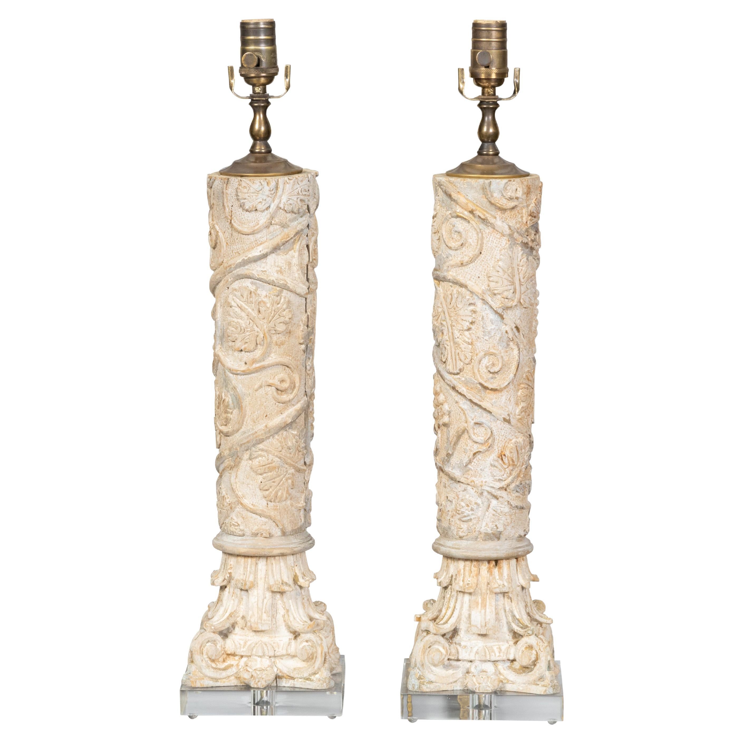 Pair of Italian Classical Style Carved Wooden Fragments Made into Table Lamps For Sale