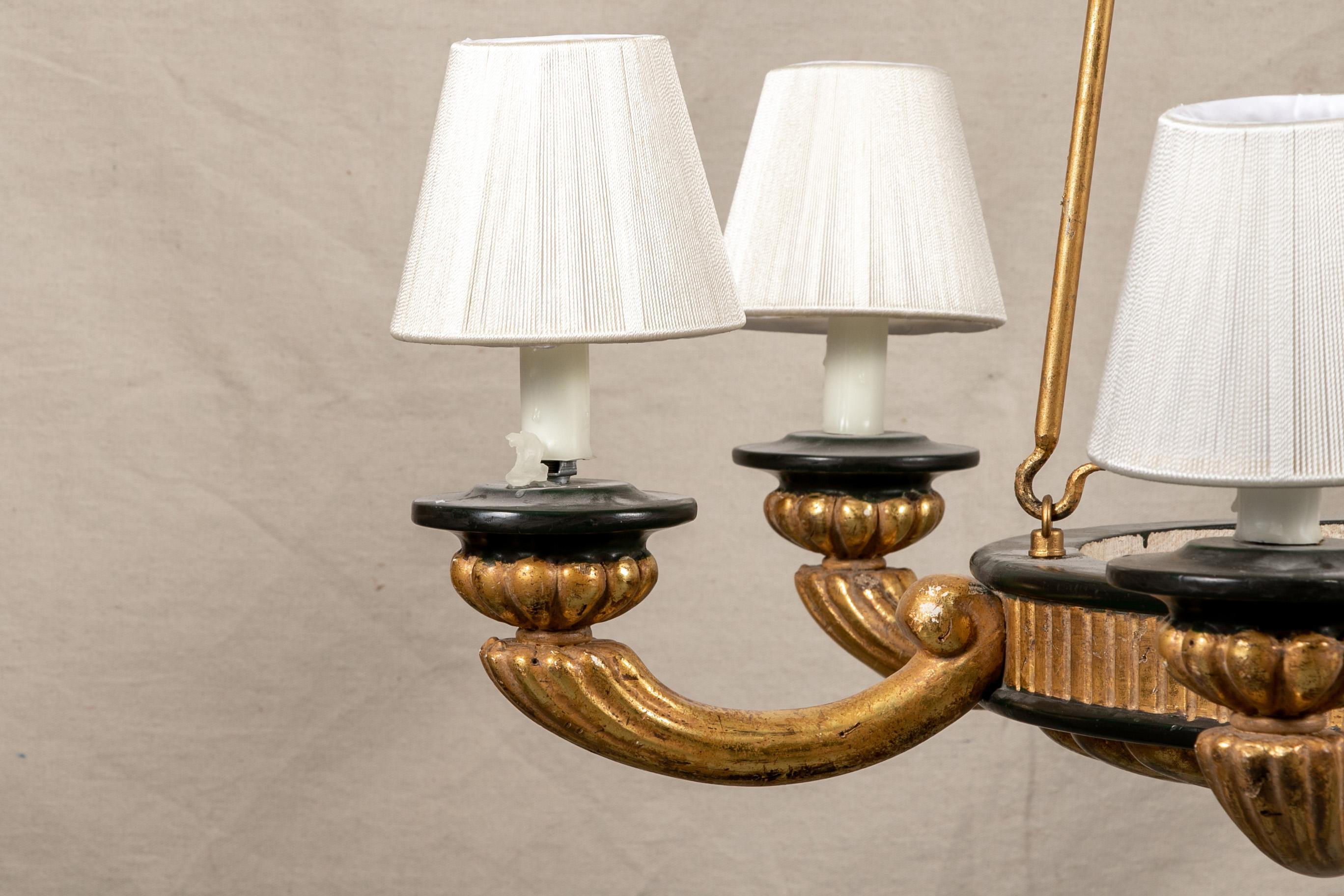 Pair of Italian classical style chandeliers, carved, gilt and ebonized, with circular frames with rosette bases for the six torch form ribbed arm lights. Three pendant rods support the whole with rosette ceiling attachments. Black details and
