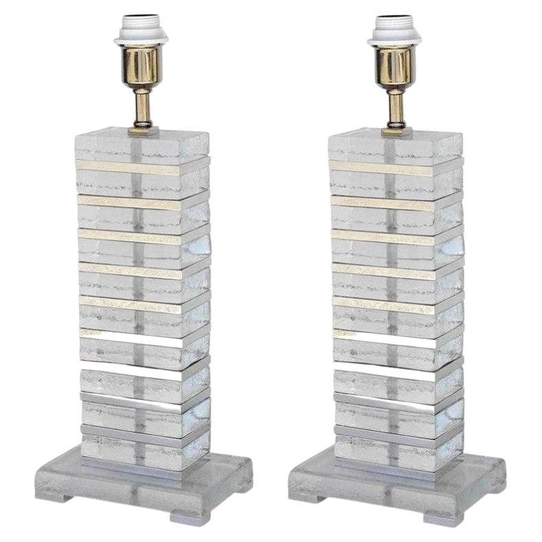 Pair of Italian Clear Murano Glass Blocks Table Lamps with Chrome Details, 1990s im Angebot