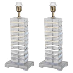 Pair of Italian Clear Murano Glass Blocks Table Lamps with Chrome Details, 1990s