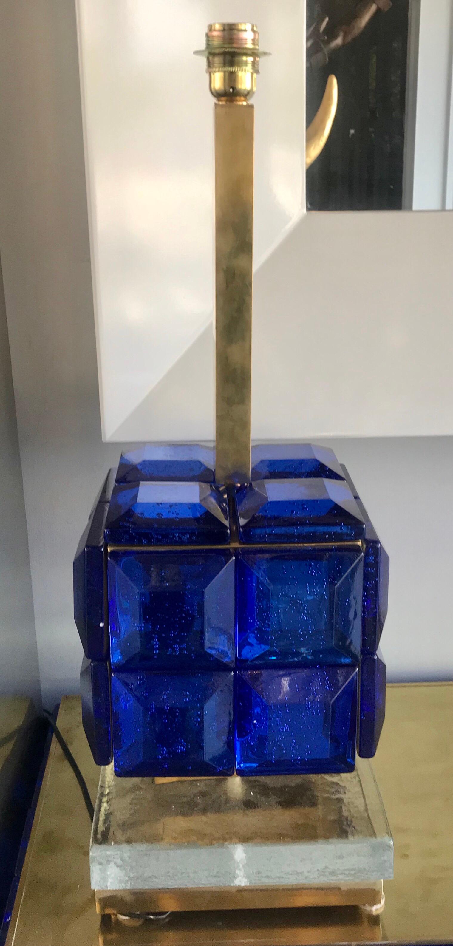 A pair of large cobalt blue Murano glass beveled glass blocks on brass base. These are custom items, handmade in Venice, Italy.