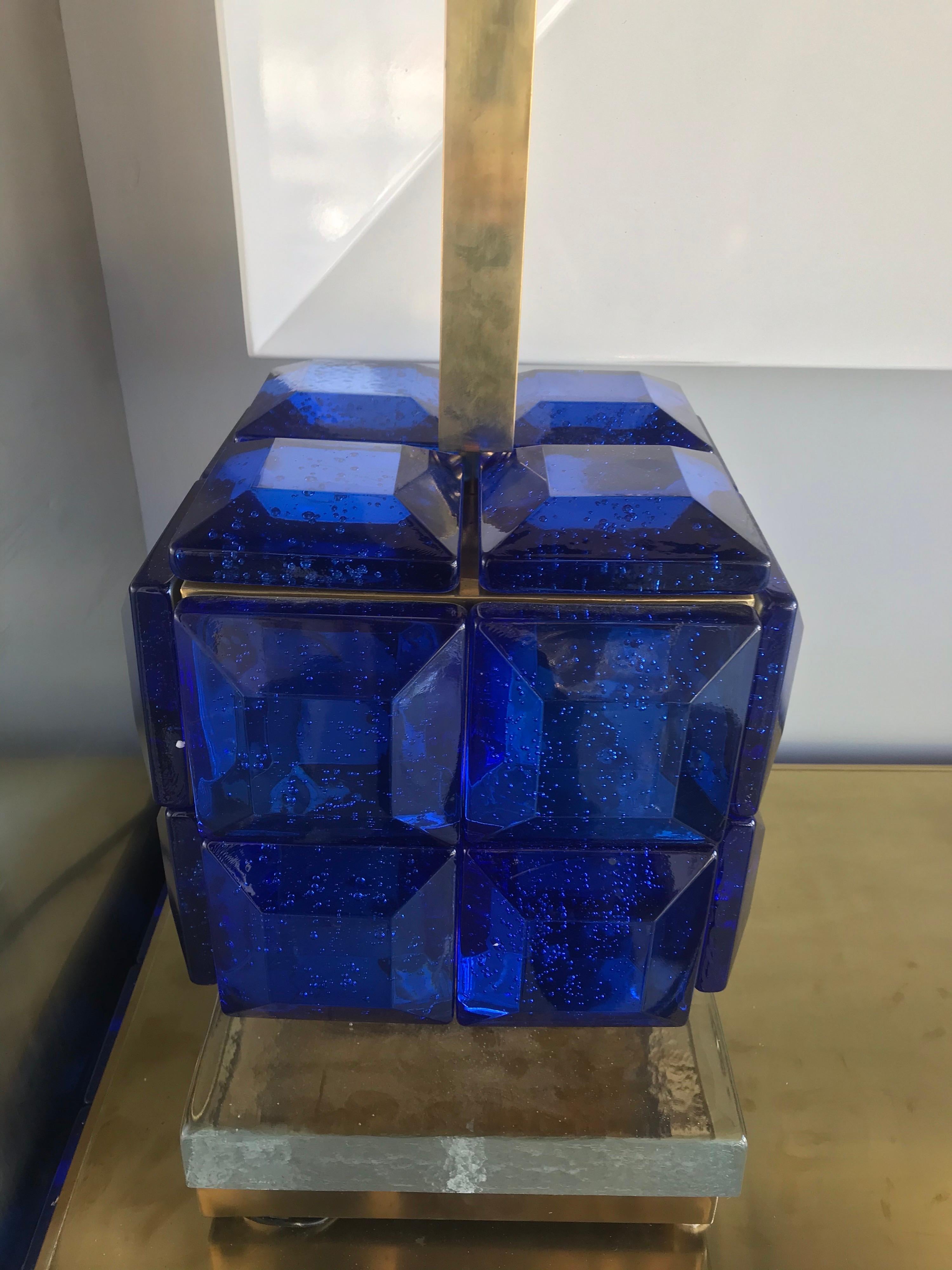 Pair of Italian Cobalt Blue Glass and Brass Table Lamps In Good Condition In Miami, FL