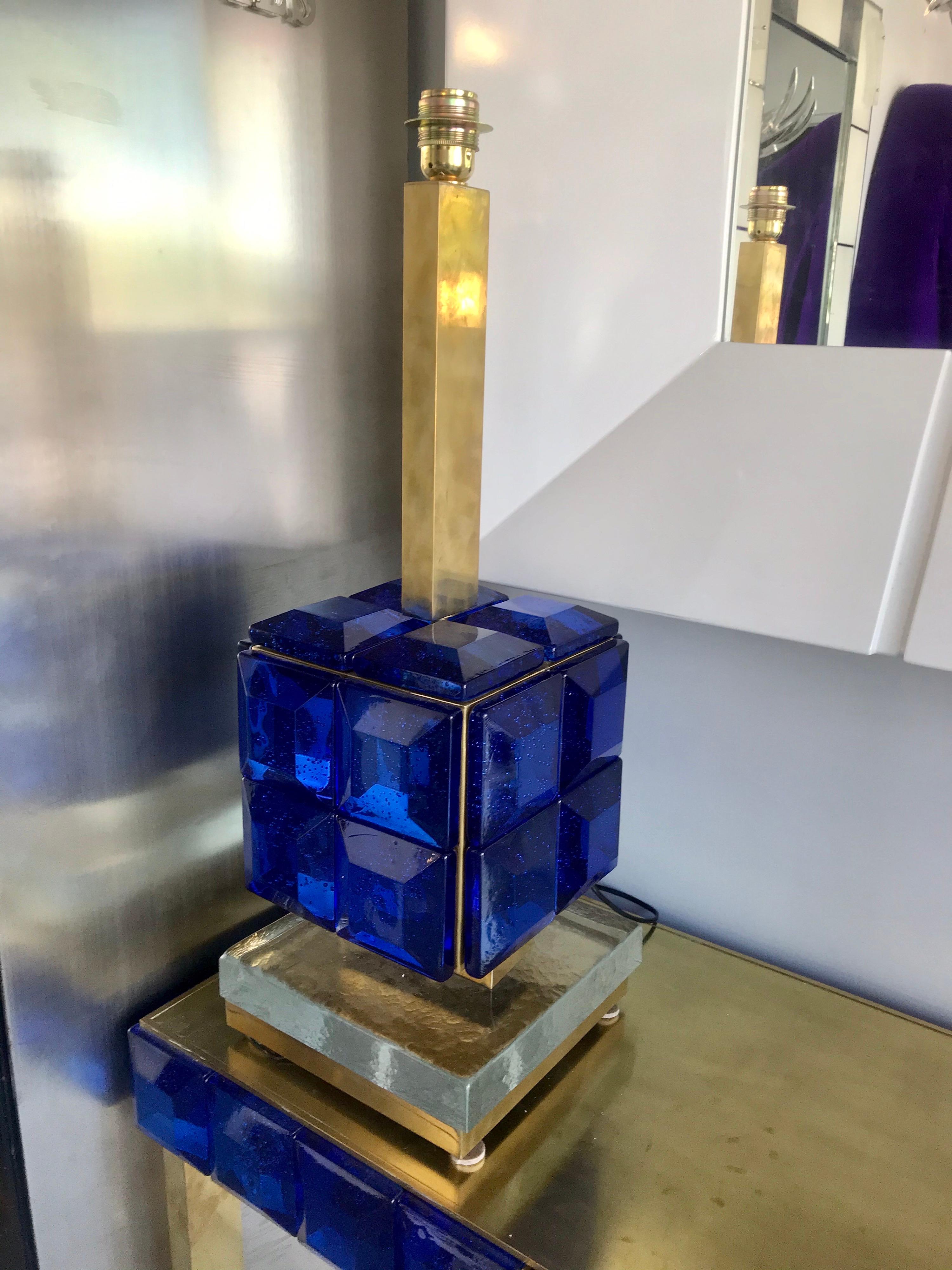 20th Century Pair of Italian Cobalt Blue Glass and Brass Table Lamps
